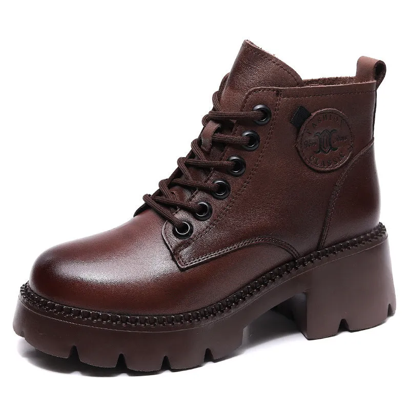 Vintage Leather Lace-up High-top Women's Boots Thick Heel Comfortable Women's Shoes