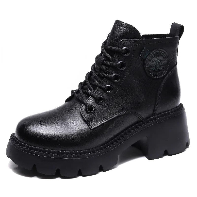 Vintage Leather Lace-up High-top Women's Boots Thick Heel Comfortable Women's Shoes