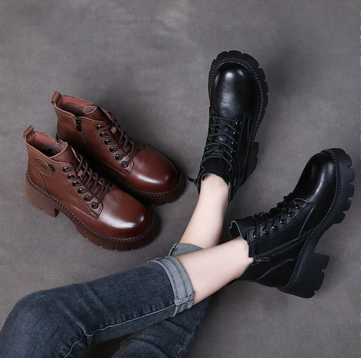 Vintage Leather Lace-up High-top Women's Boots Thick Heel Comfortable Women's Shoes
