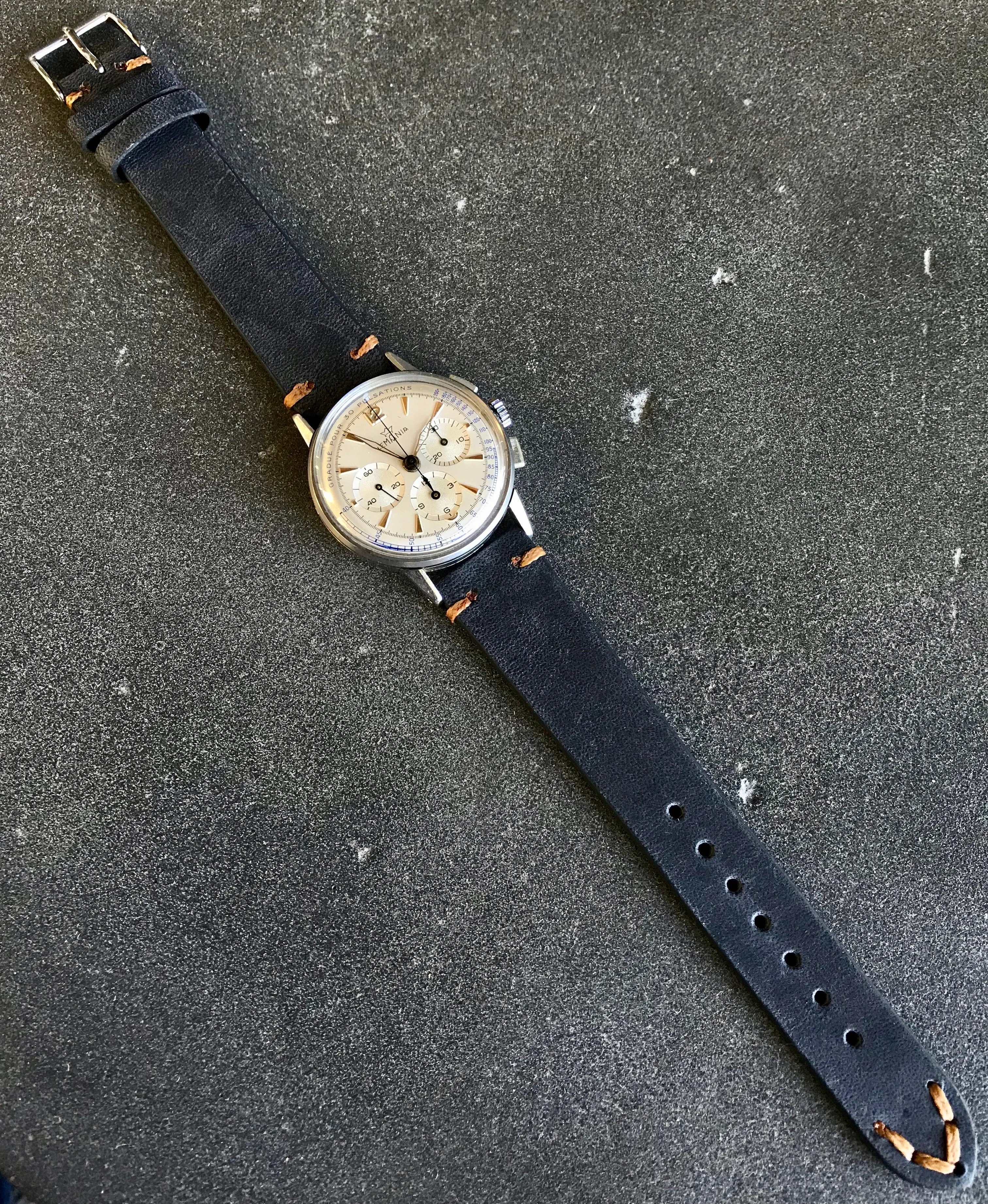 Vintage Lemania Steel Chronograph Pulsations 27CH Manual Wind 35mm Wristwatch 1950's
