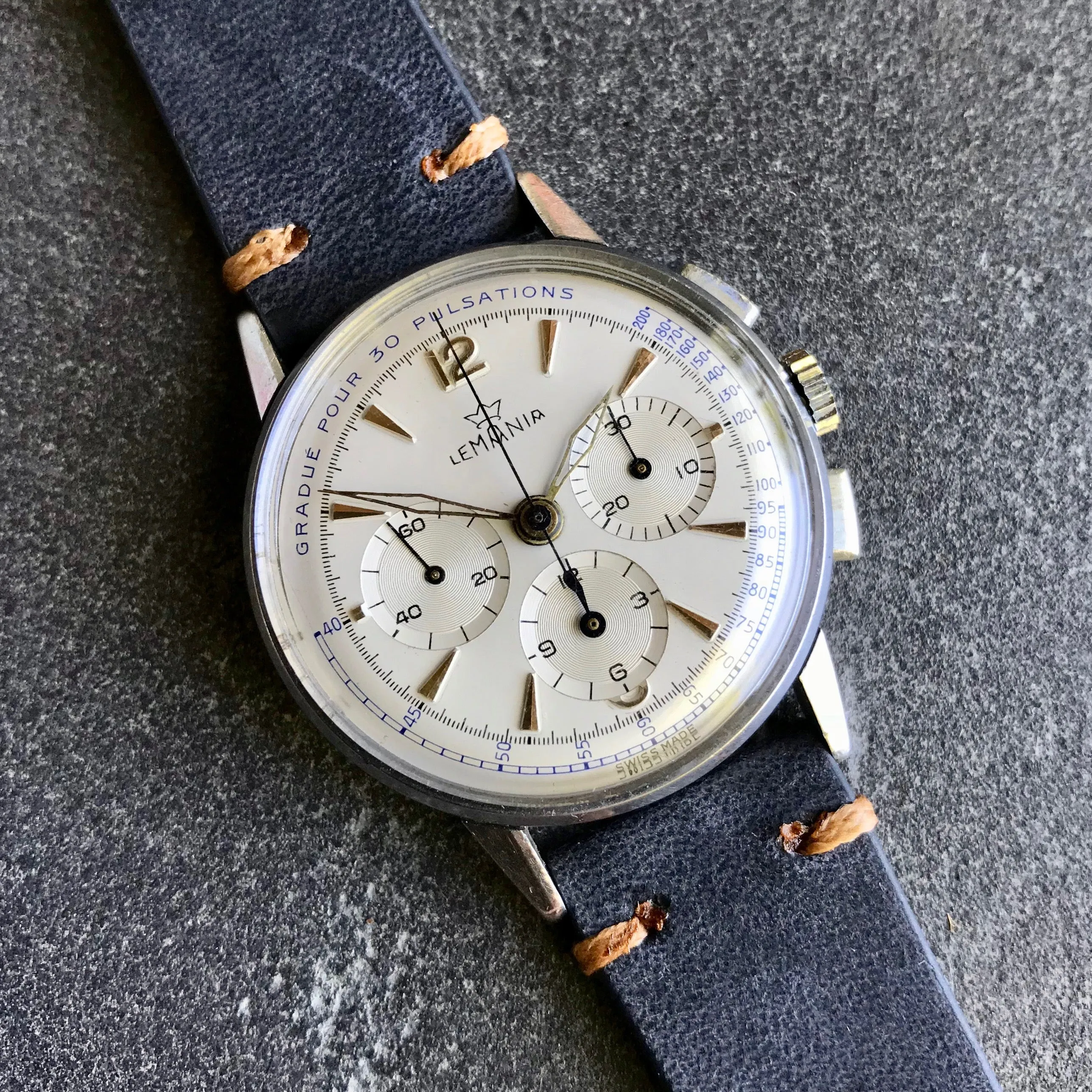 Vintage Lemania Steel Chronograph Pulsations 27CH Manual Wind 35mm Wristwatch 1950's