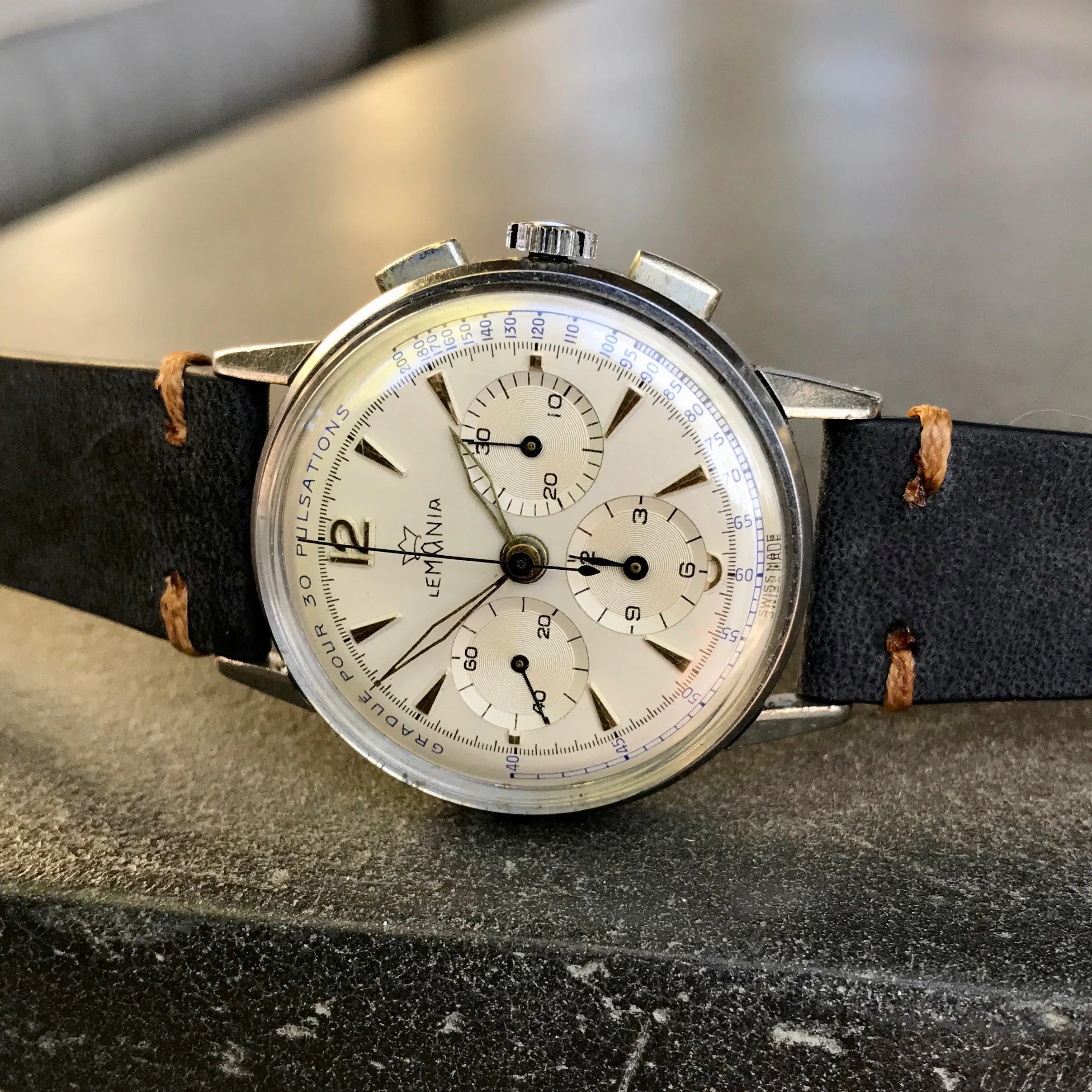 Vintage Lemania Steel Chronograph Pulsations 27CH Manual Wind 35mm Wristwatch 1950's