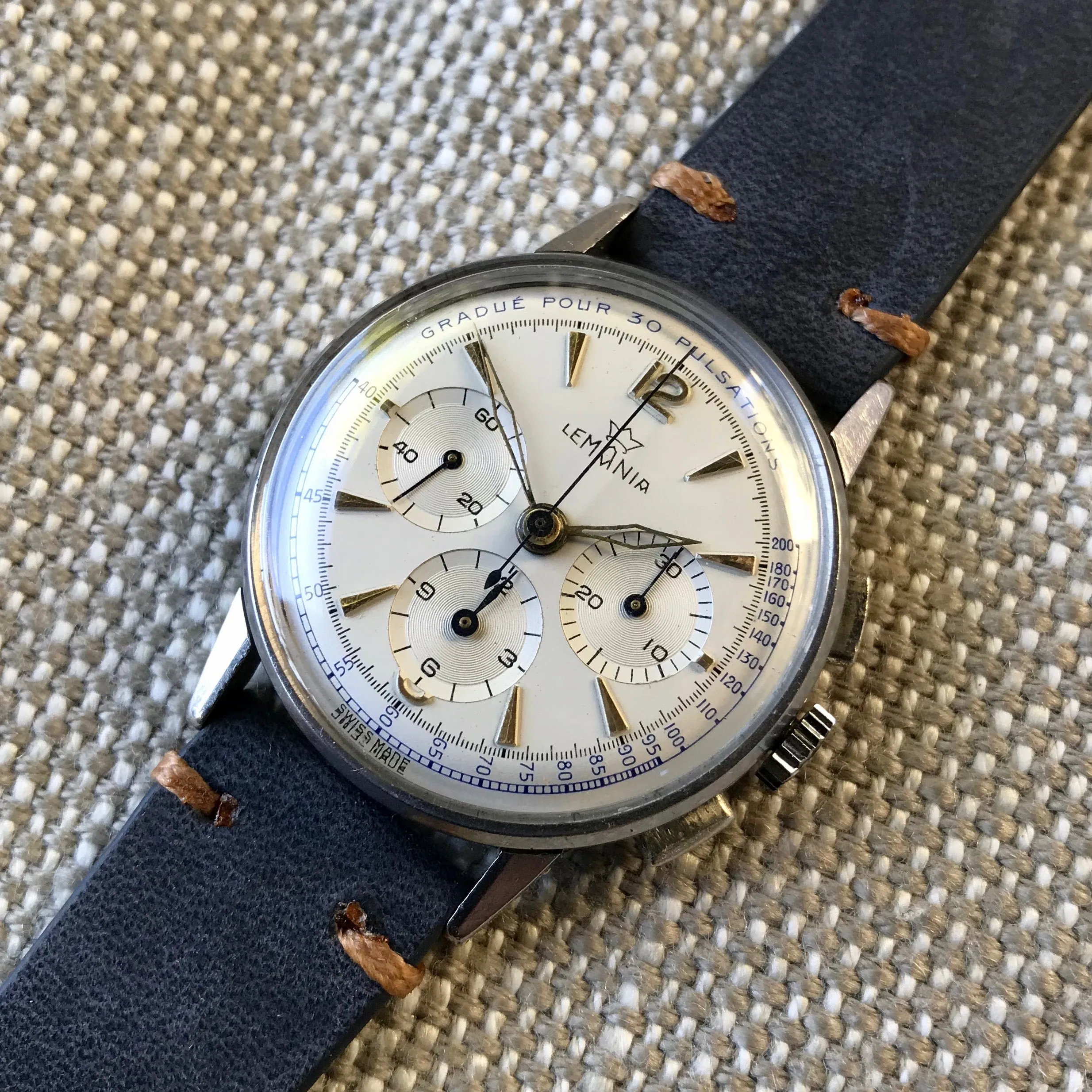 Vintage Lemania Steel Chronograph Pulsations 27CH Manual Wind 35mm Wristwatch 1950's