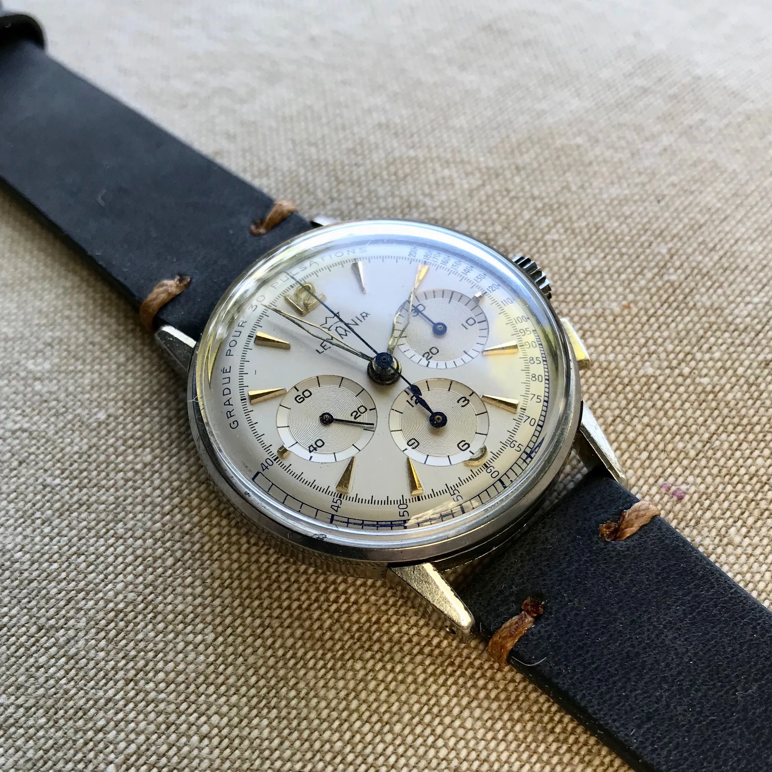 Vintage Lemania Steel Chronograph Pulsations 27CH Manual Wind 35mm Wristwatch 1950's