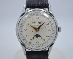 Vintage Leonidas Triple Date Calendar Moon Phase Day Date Steel Ref. 1201 Manual Wind 1940's