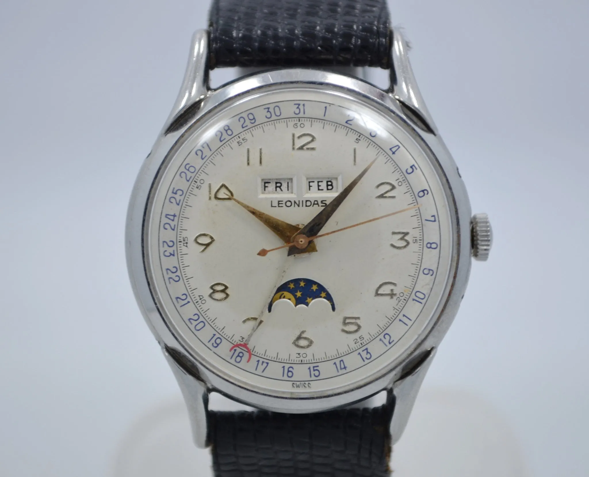 Vintage Leonidas Triple Date Calendar Moon Phase Day Date Steel Ref. 1201 Manual Wind 1940's