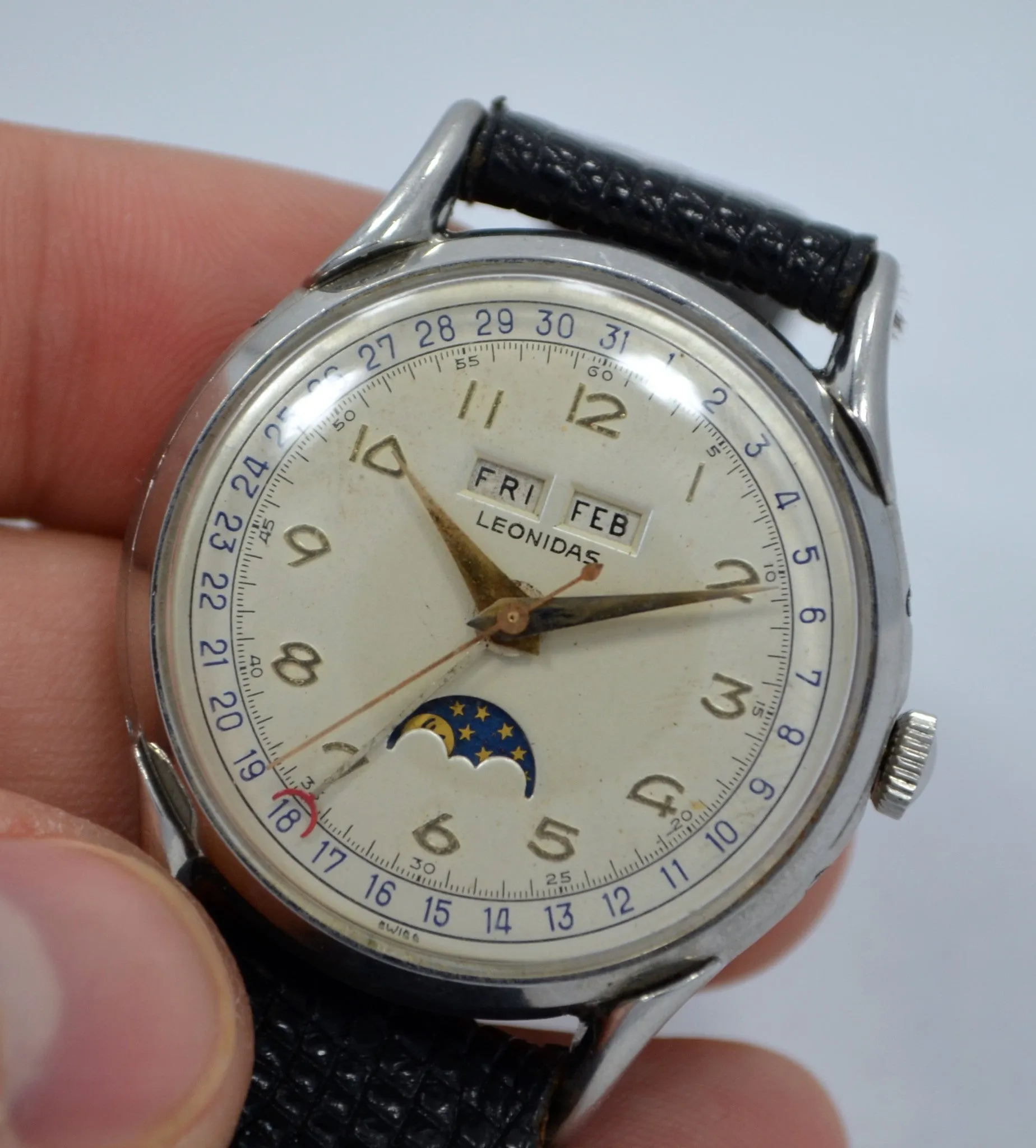 Vintage Leonidas Triple Date Calendar Moon Phase Day Date Steel Ref. 1201 Manual Wind 1940's