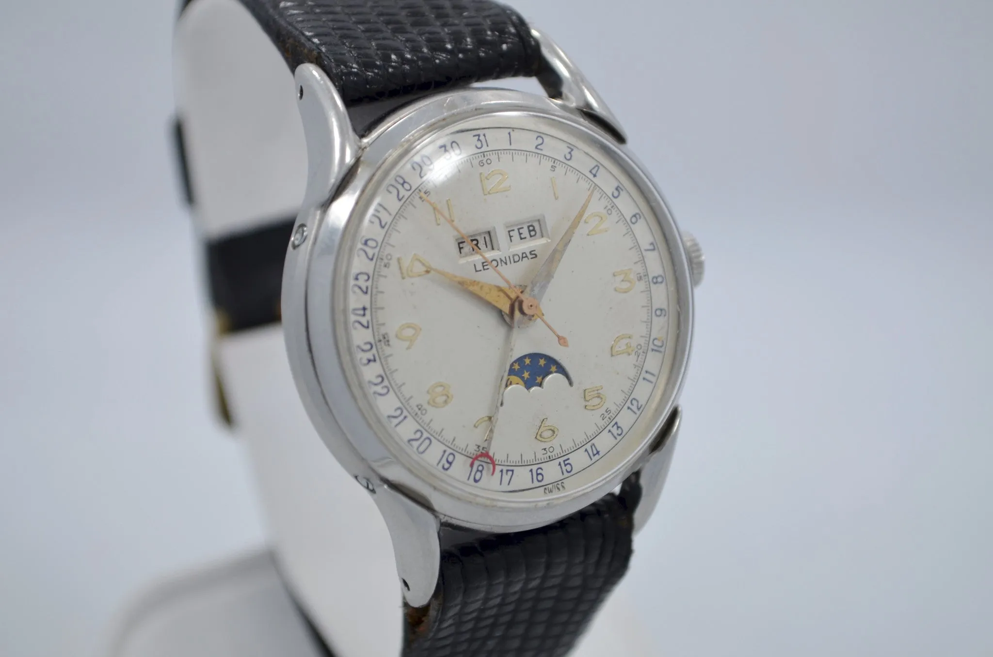 Vintage Leonidas Triple Date Calendar Moon Phase Day Date Steel Ref. 1201 Manual Wind 1940's