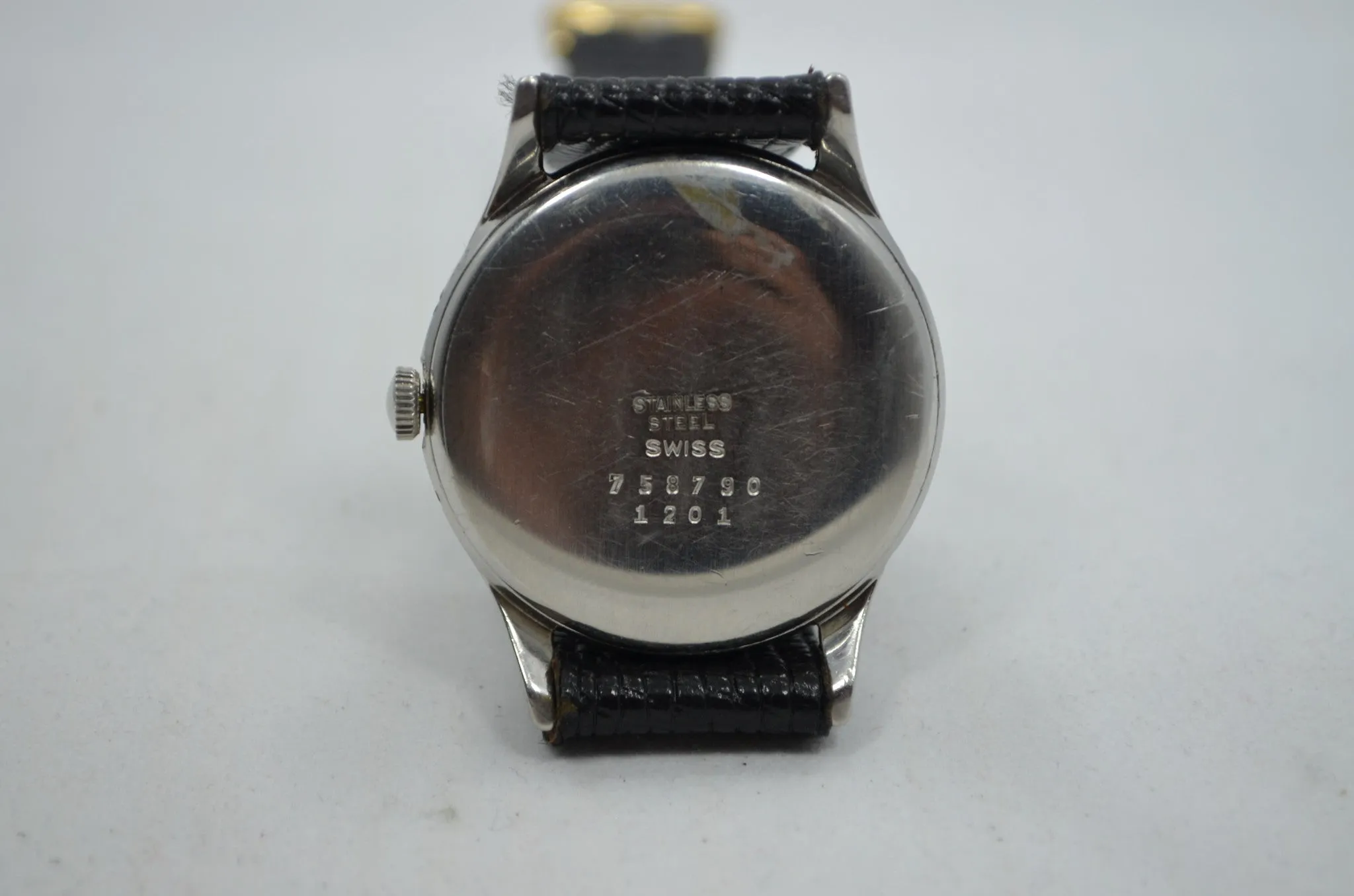 Vintage Leonidas Triple Date Calendar Moon Phase Day Date Steel Ref. 1201 Manual Wind 1940's