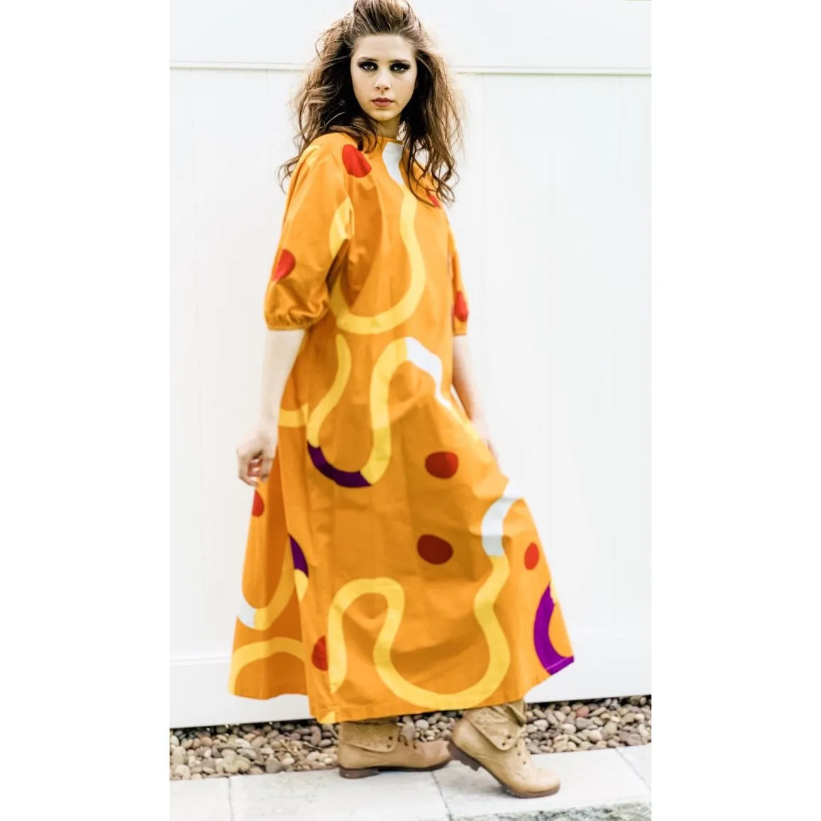 Vintage Marimekko Gown ”Mutka”  Pentti Rinta 1975 O/S Cotton Gold Purple Dot Sack Dress