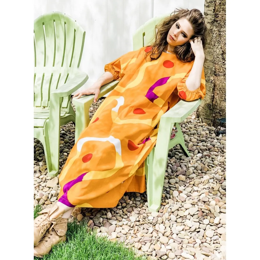 Vintage Marimekko Gown ”Mutka”  Pentti Rinta 1975 O/S Cotton Gold Purple Dot Sack Dress