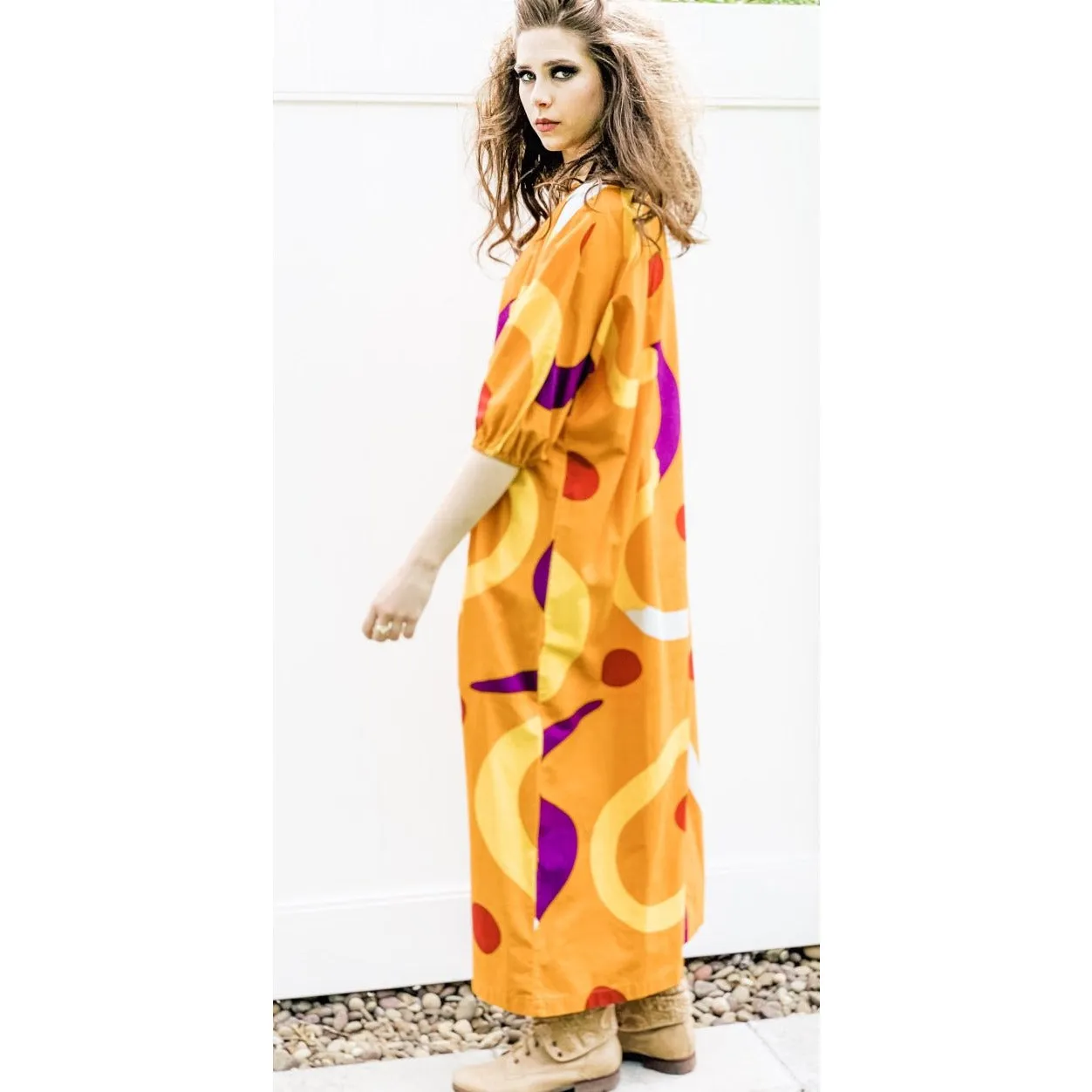 Vintage Marimekko Gown ”Mutka”  Pentti Rinta 1975 O/S Cotton Gold Purple Dot Sack Dress