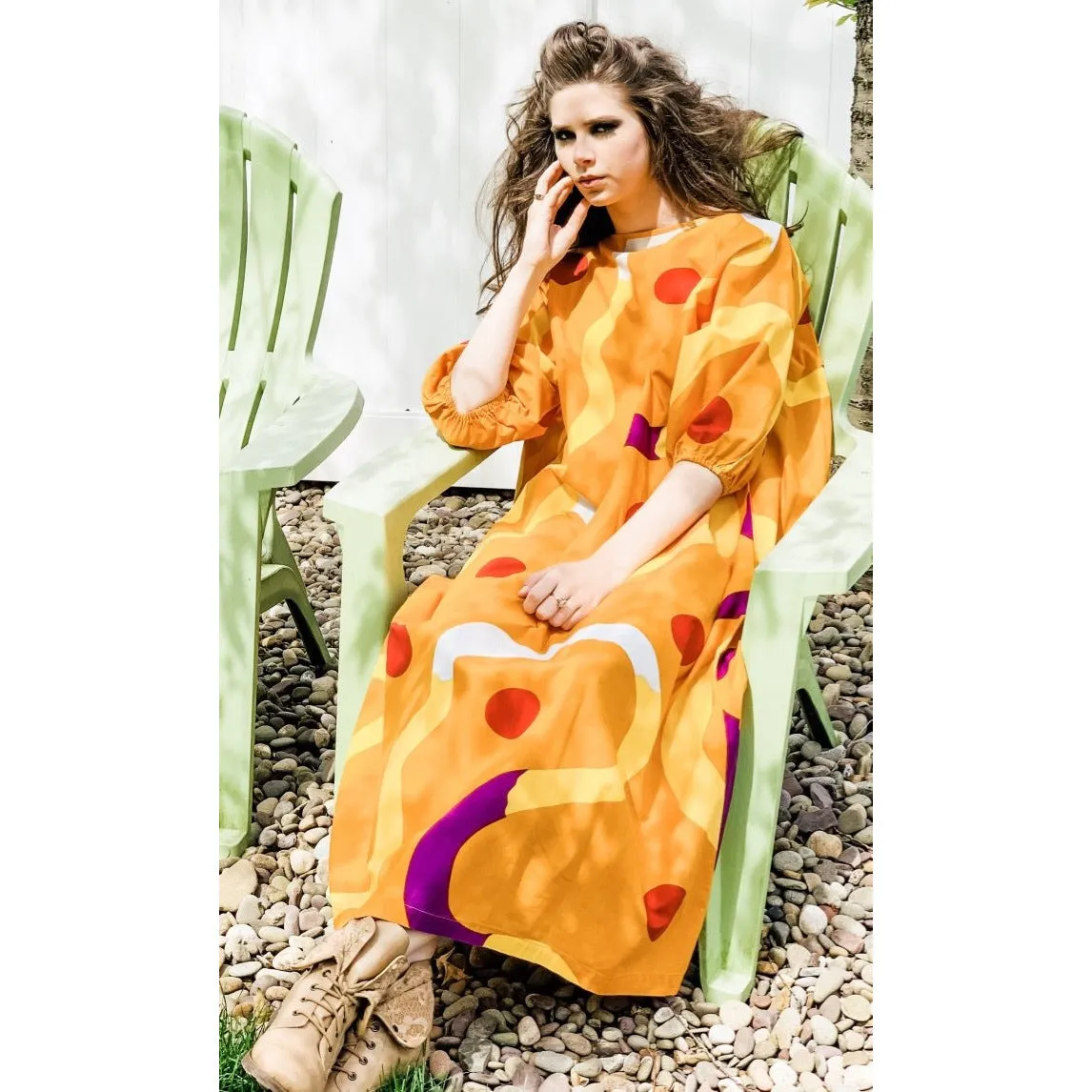 Vintage Marimekko Gown ”Mutka”  Pentti Rinta 1975 O/S Cotton Gold Purple Dot Sack Dress
