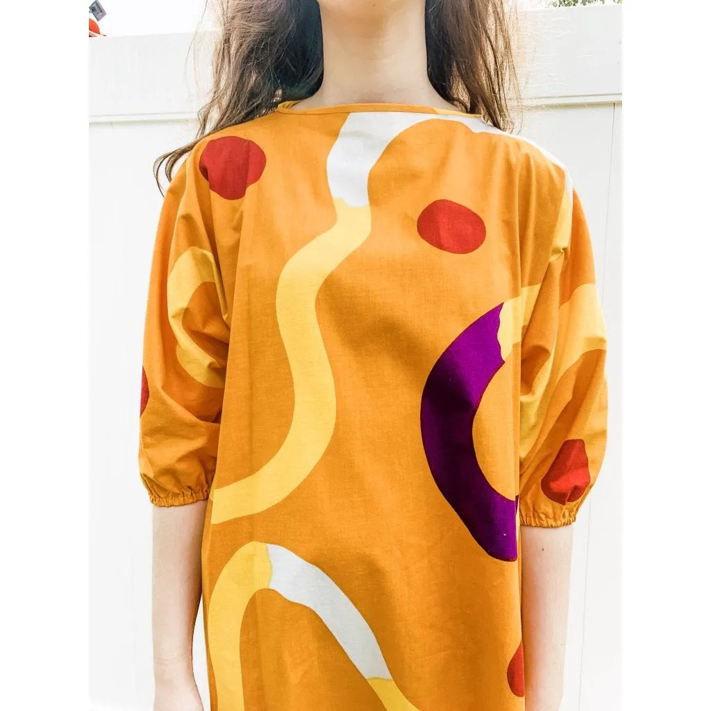 Vintage Marimekko Gown ”Mutka”  Pentti Rinta 1975 O/S Cotton Gold Purple Dot Sack Dress
