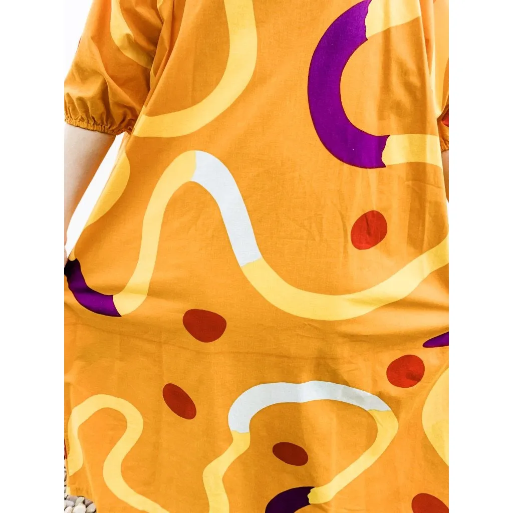 Vintage Marimekko Gown ”Mutka”  Pentti Rinta 1975 O/S Cotton Gold Purple Dot Sack Dress