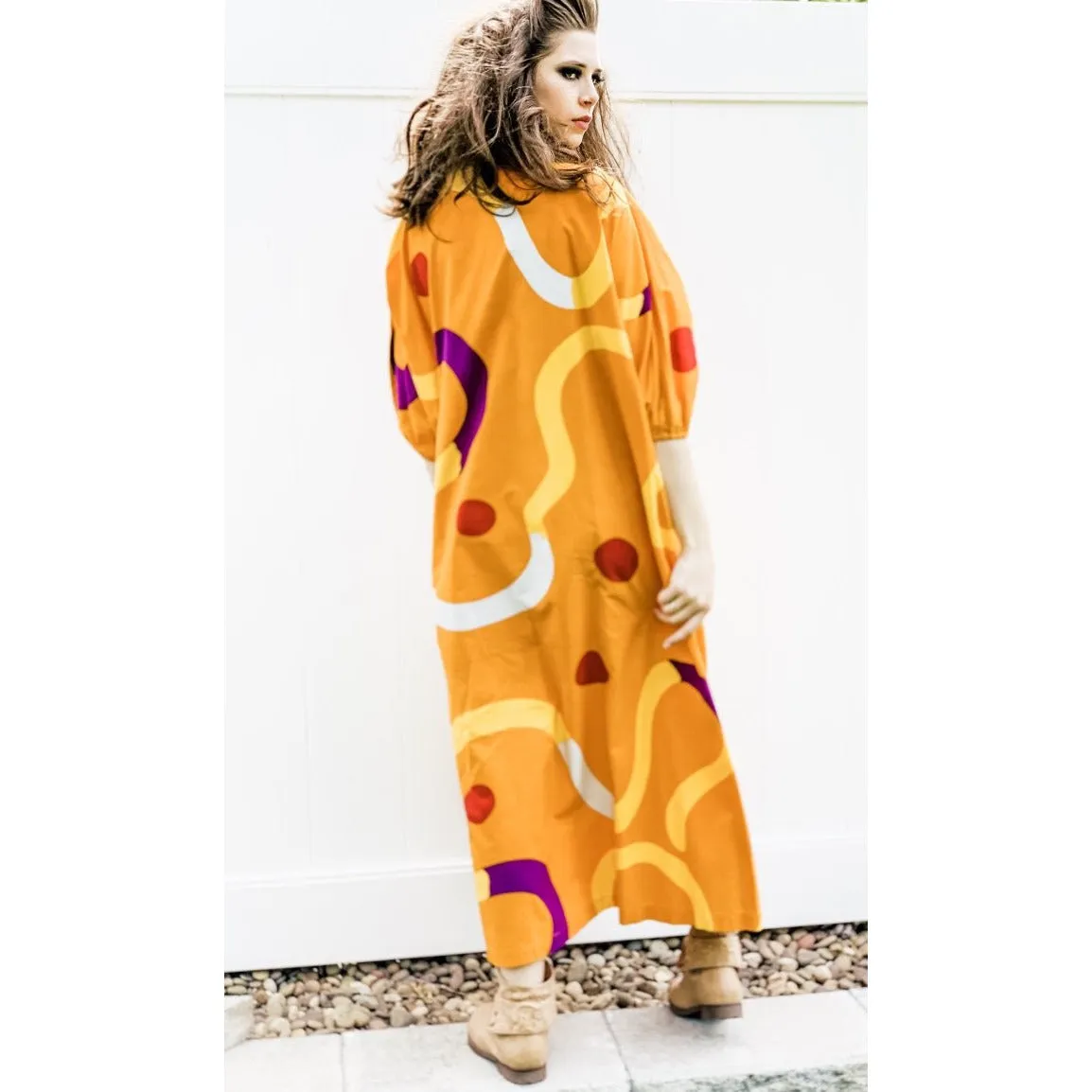 Vintage Marimekko Gown ”Mutka”  Pentti Rinta 1975 O/S Cotton Gold Purple Dot Sack Dress