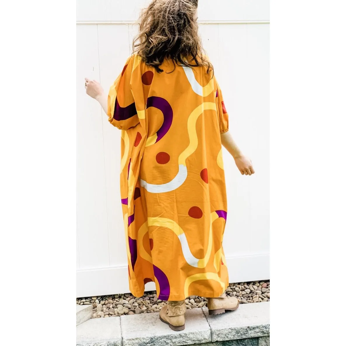 Vintage Marimekko Gown ”Mutka”  Pentti Rinta 1975 O/S Cotton Gold Purple Dot Sack Dress