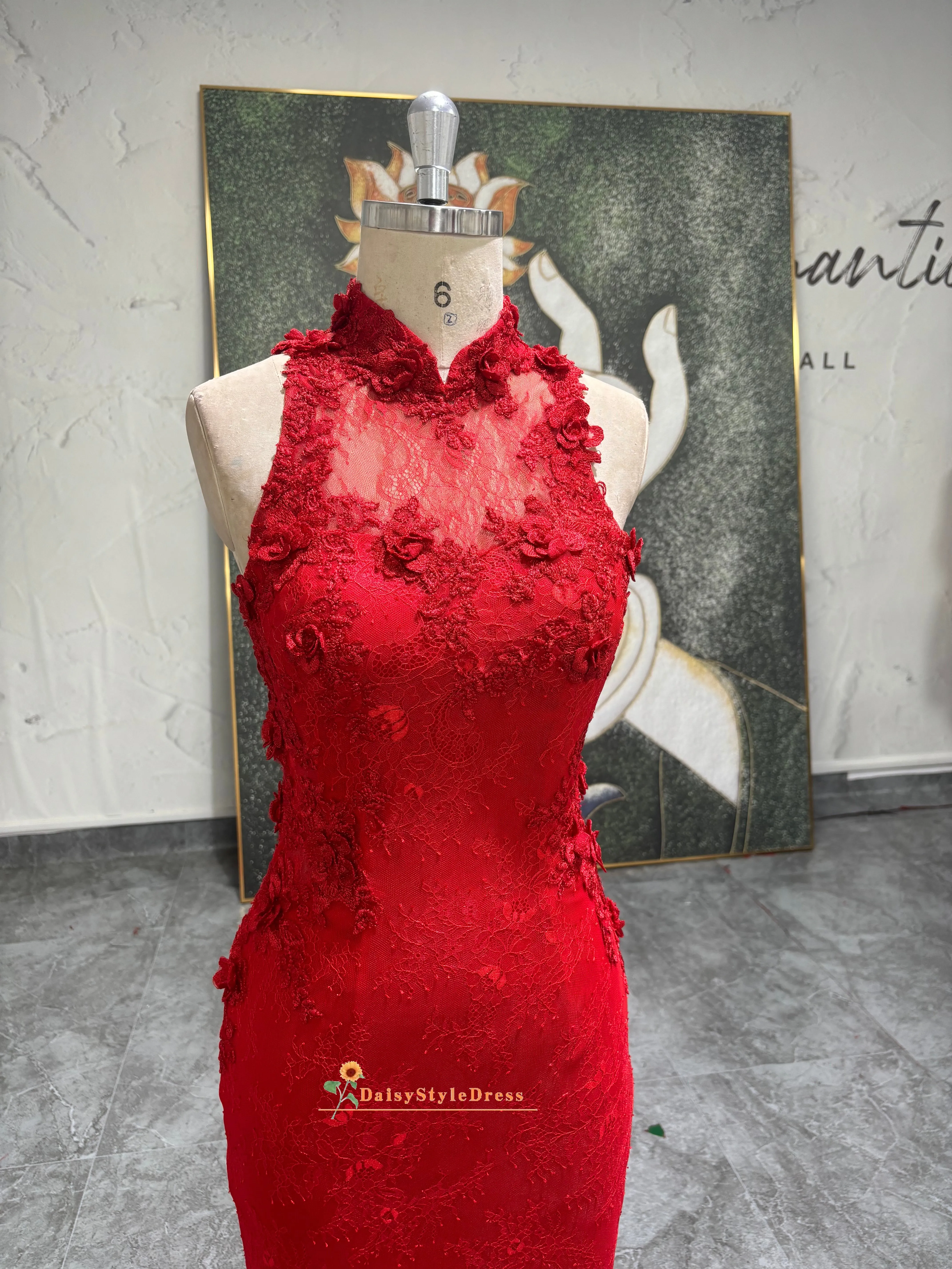 Vintage Mermaid Red Lace Wedding Dress