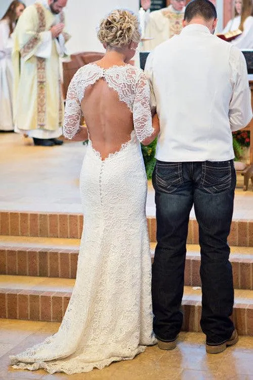 Vintage Mermaid Scoop Keyhole Back Lace Long Sleeves Wedding Dress TN0045