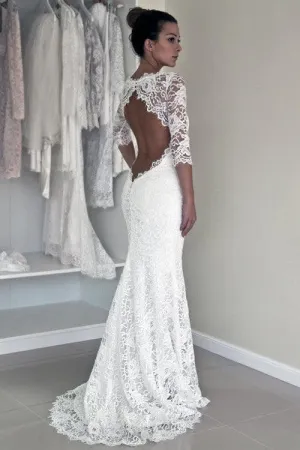 Vintage Mermaid Scoop Keyhole Back Lace Long Sleeves Wedding Dress TN0045
