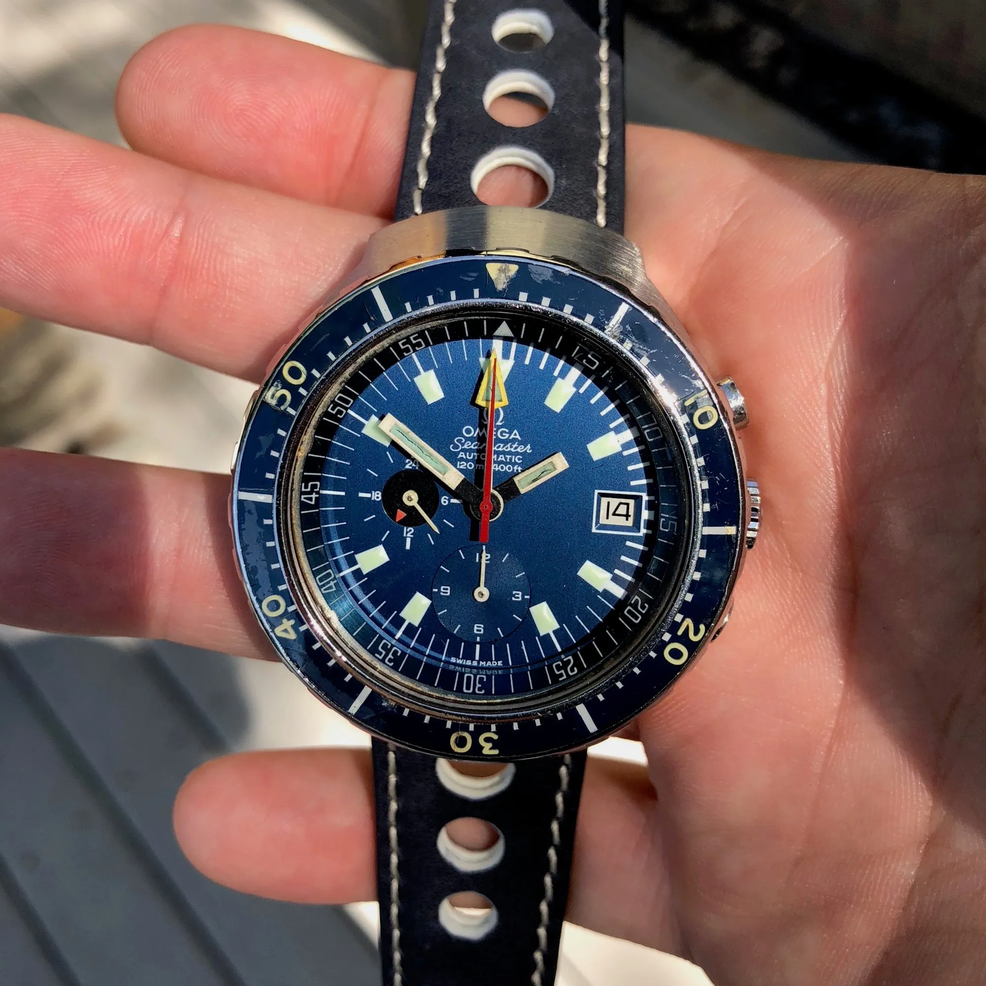 Vintage Omega Seamaster 120 Big Blue 176.004 Chronograph Automatic Wristwatch