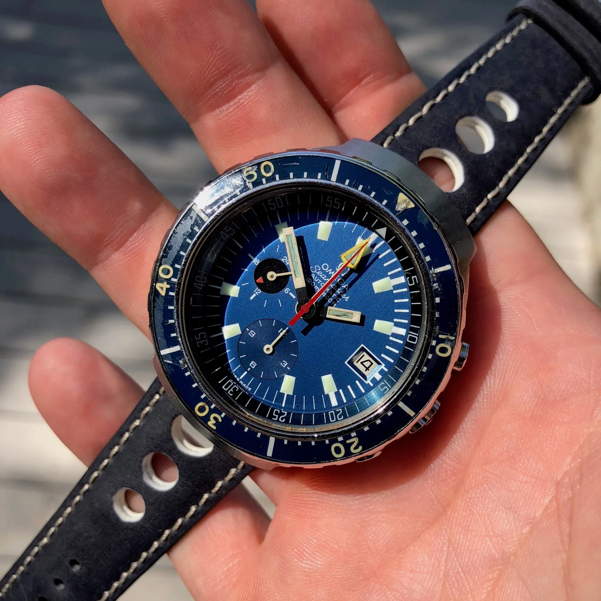 Vintage Omega Seamaster 120 Big Blue 176.004 Chronograph Automatic Wristwatch