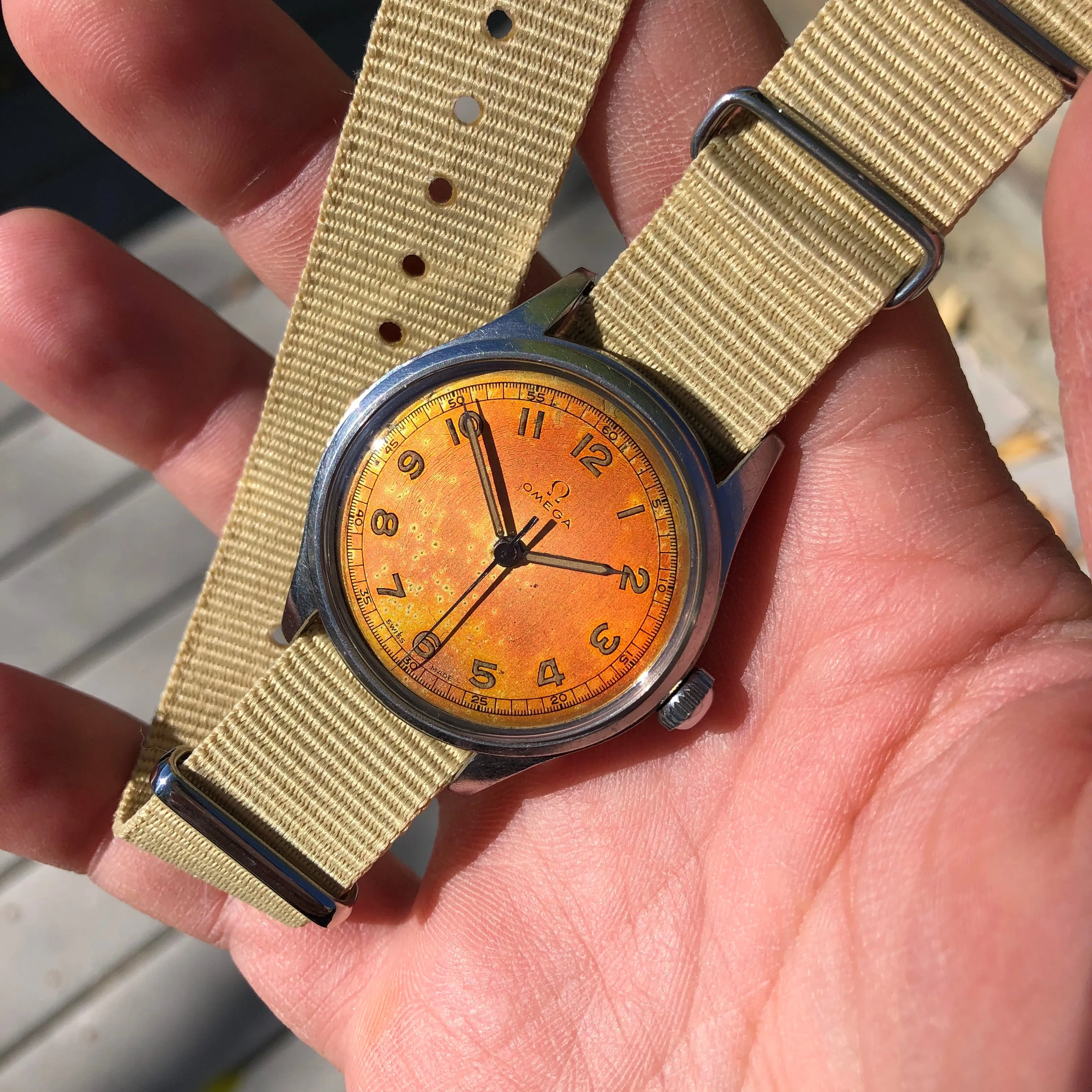 Vintage Omega Steel 2384 WWII US ARMY Tropical Radium Cal. 30T2 Manual Wind Wristwatch Circa 1940s