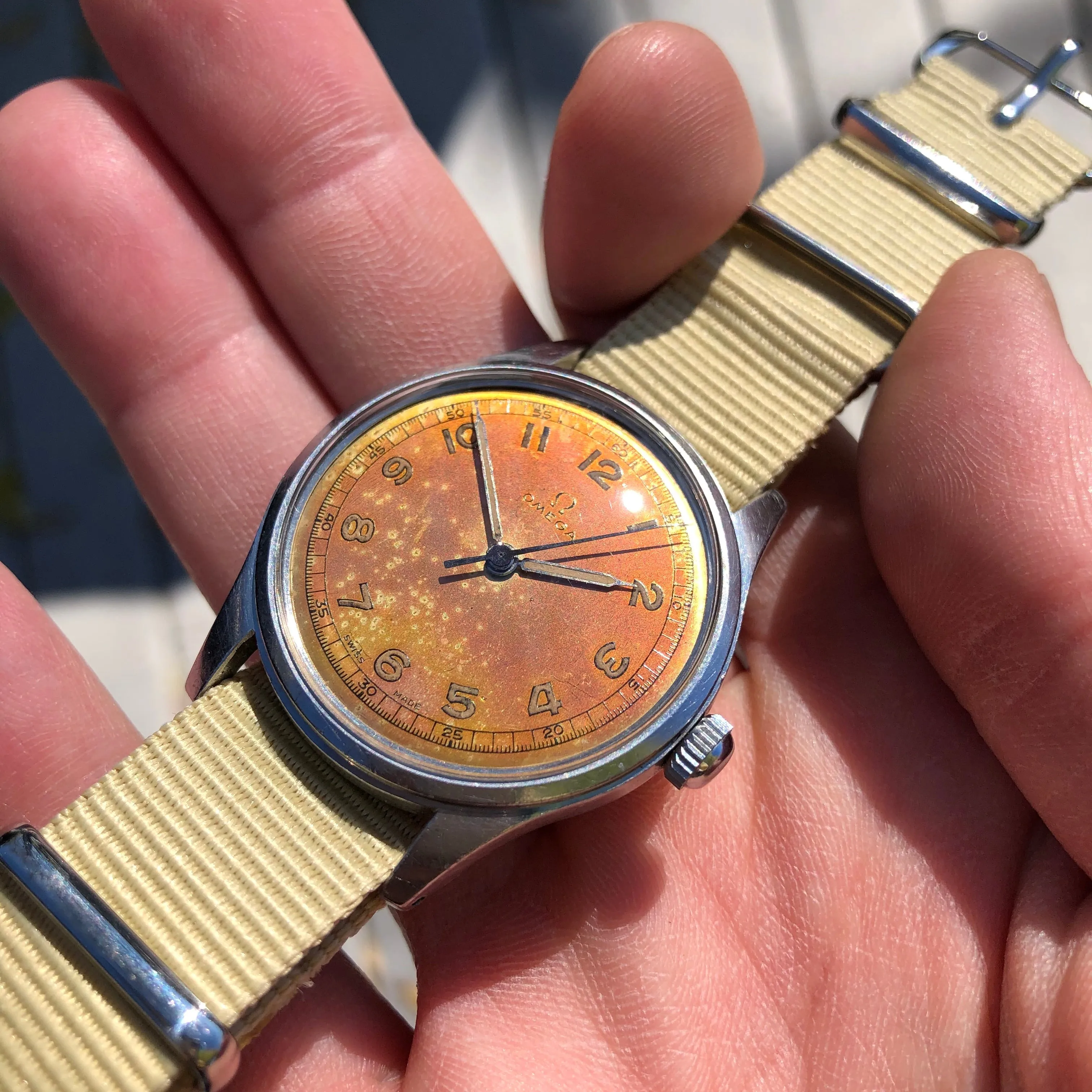 Vintage Omega Steel 2384 WWII US ARMY Tropical Radium Cal. 30T2 Manual Wind Wristwatch Circa 1940s
