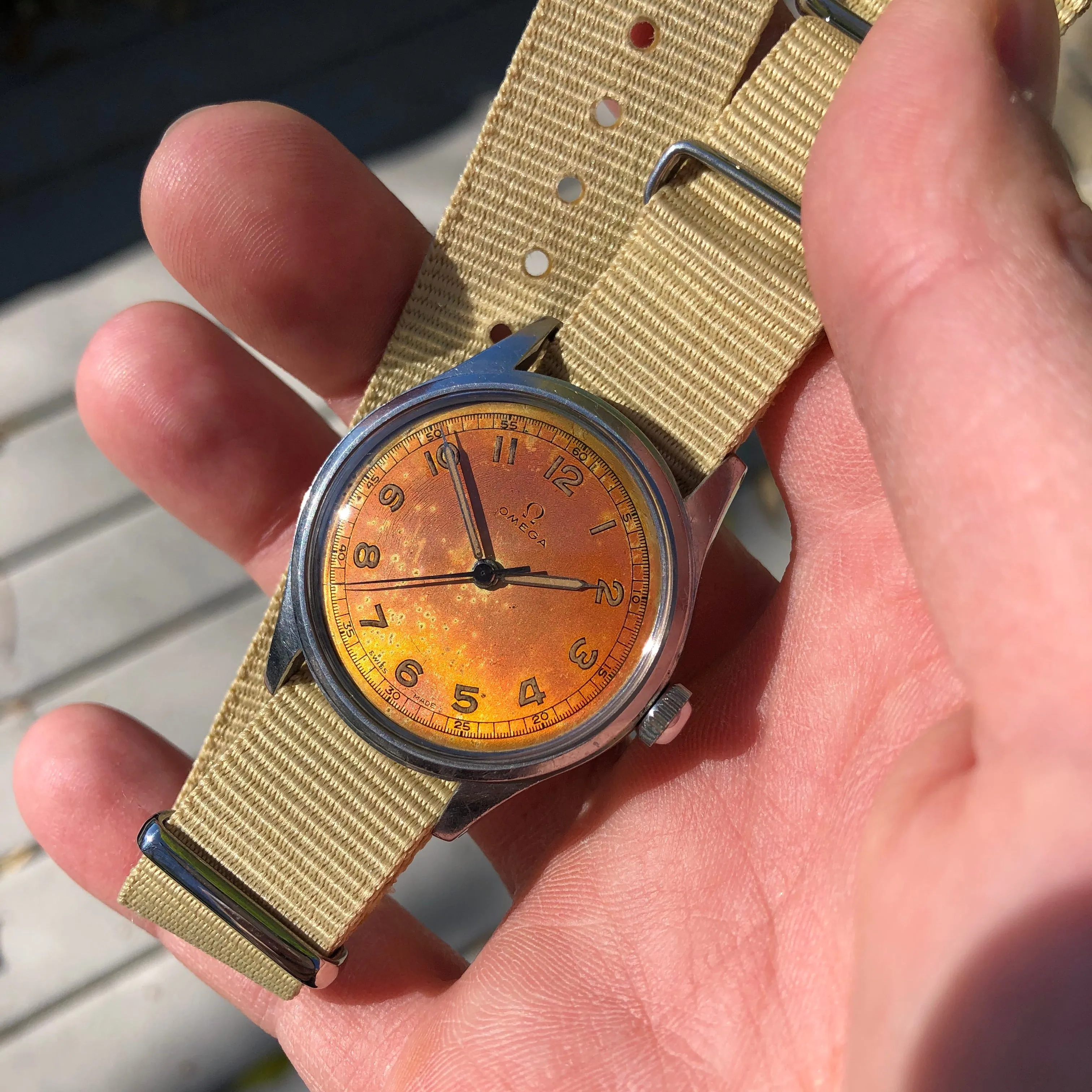 Vintage Omega Steel 2384 WWII US ARMY Tropical Radium Cal. 30T2 Manual Wind Wristwatch Circa 1940s
