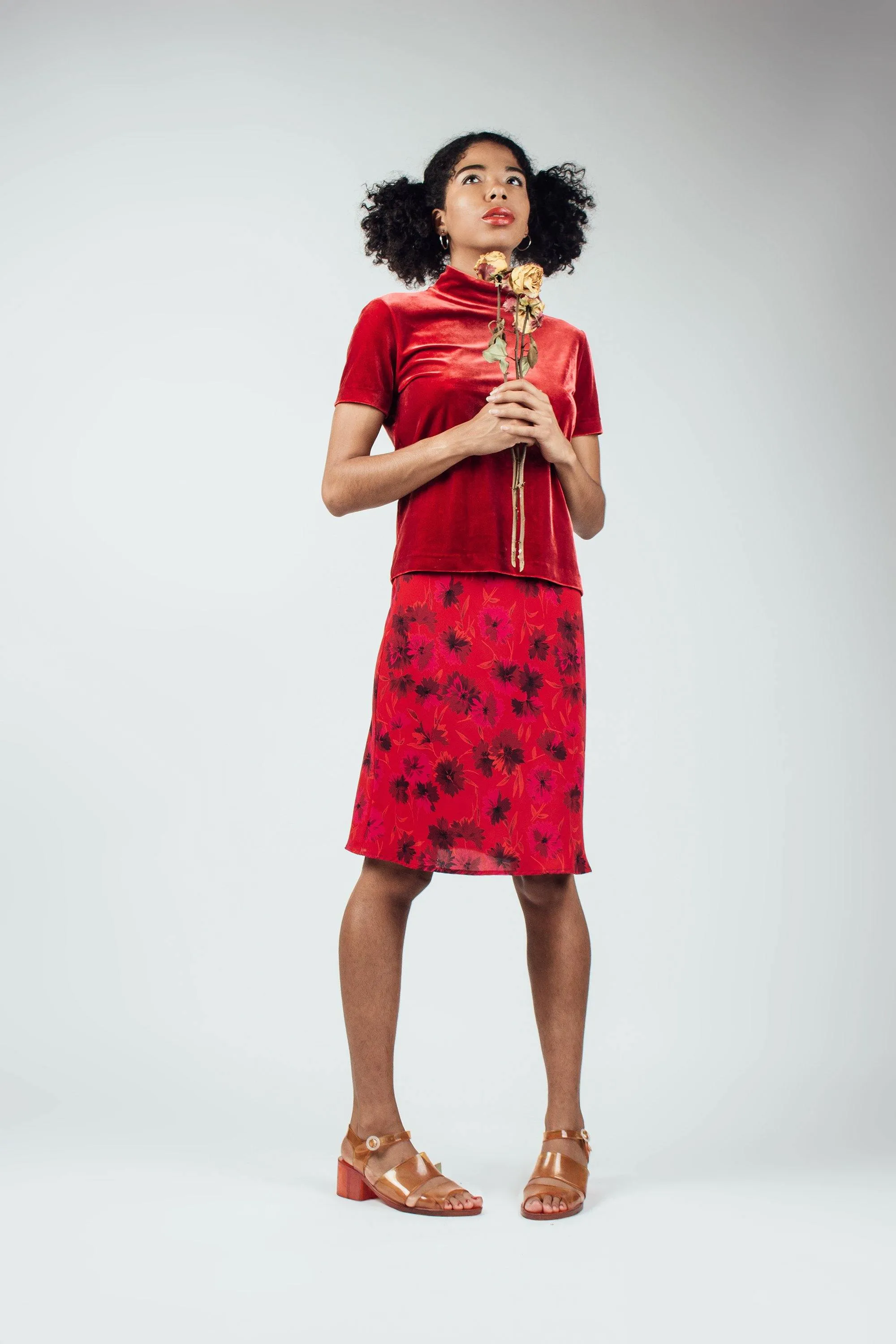 Vintage Red Floral Midi Skirt