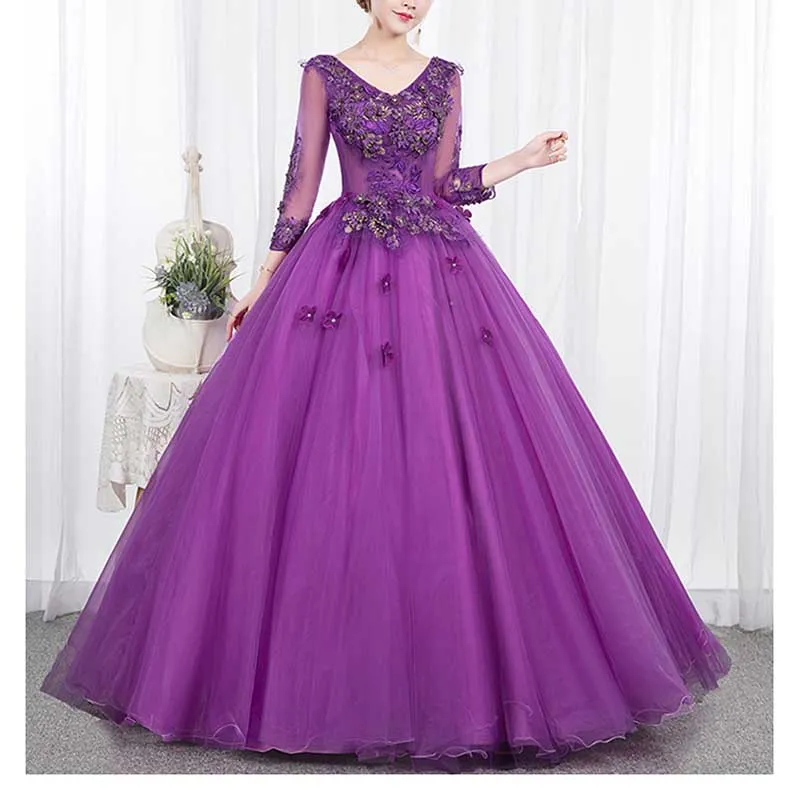Vintage Retro Sequin Lace Flower Appliques Prom Dress Quinceanera Dress