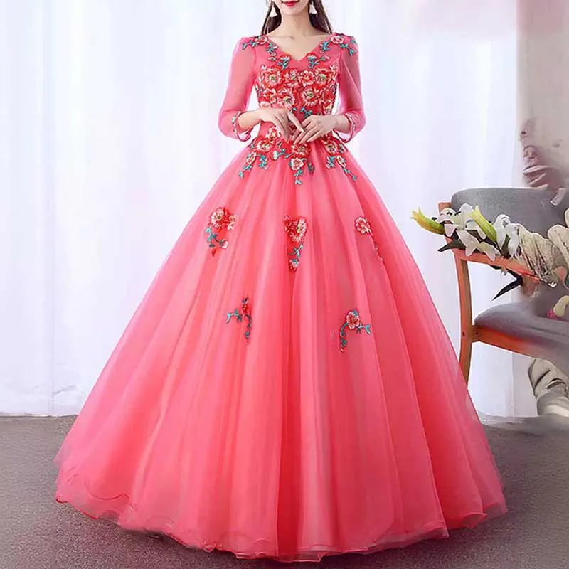 Vintage Retro Sequin Lace Flower Appliques Prom Dress Quinceanera Dress