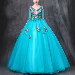 Vintage Retro Sequin Lace Flower Appliques Prom Dress Quinceanera Dress