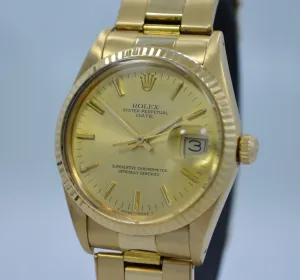 Vintage Rolex 15038 Oyster Perpetual Date 18K Yellow Gold 8.8 Mil 1985 Watch