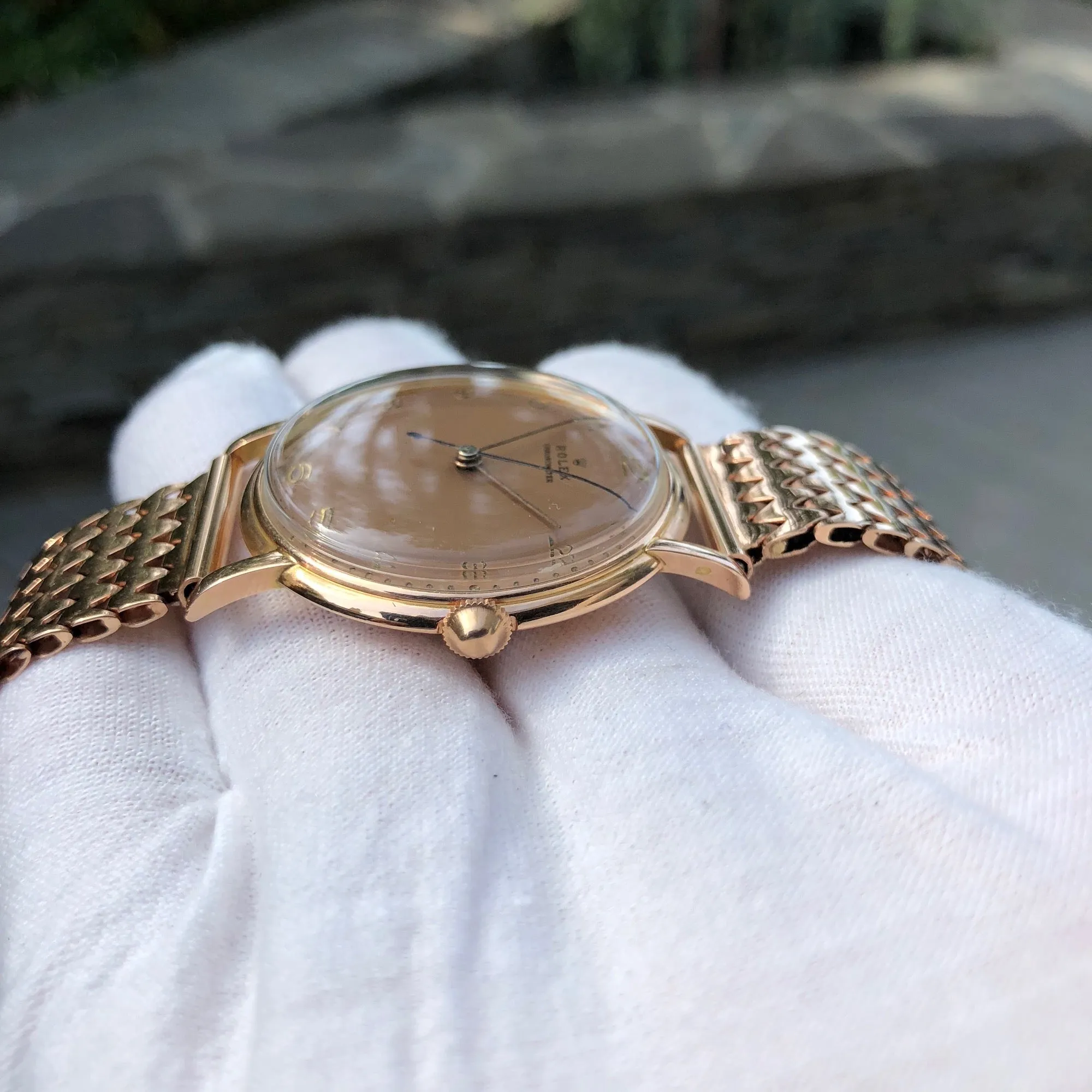 Vintage Rolex 4222 Chronometer 14K Rose Gold Manual 35mm Dress Wristwatch Circa 1955