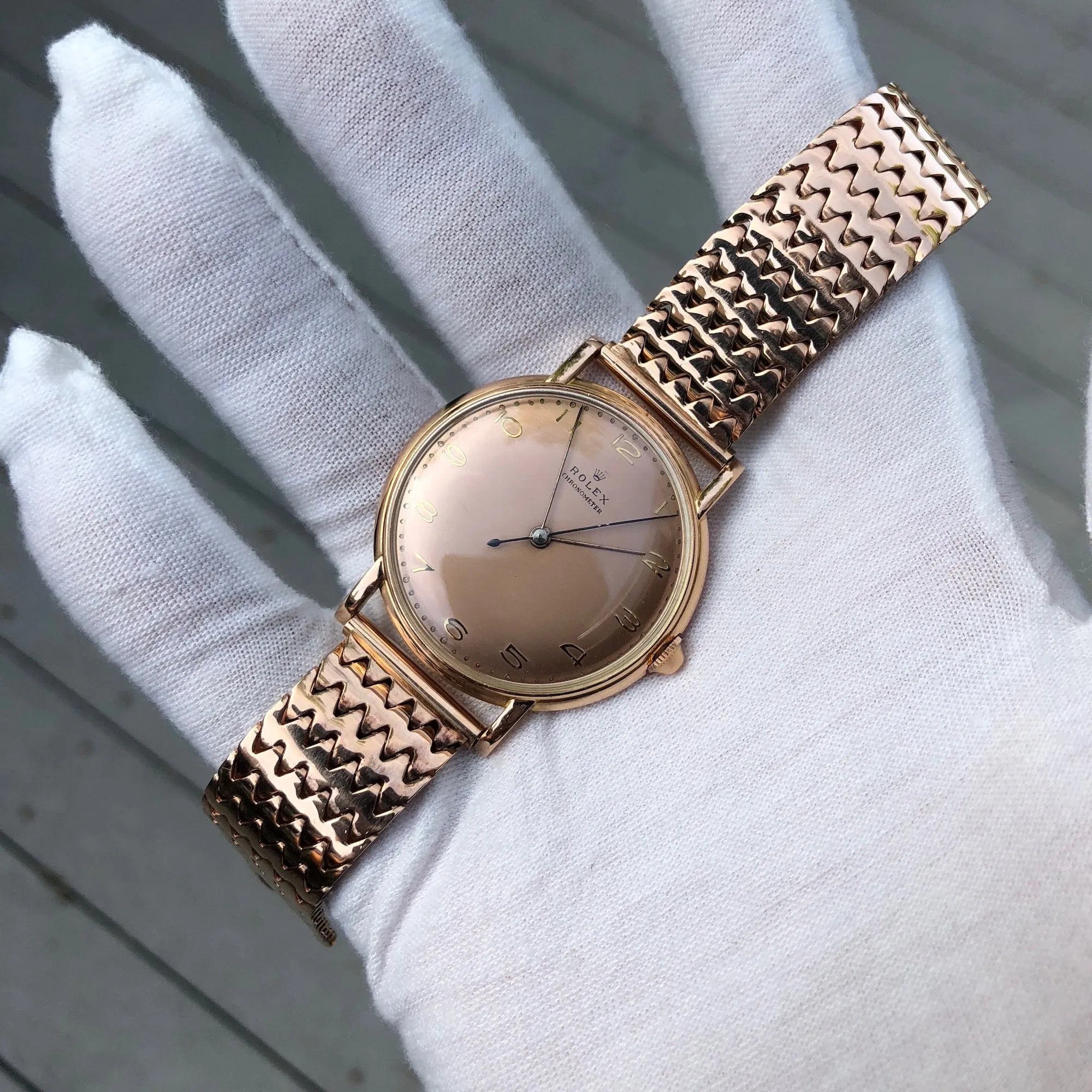 Vintage Rolex 4222 Chronometer 14K Rose Gold Manual 35mm Dress Wristwatch Circa 1955