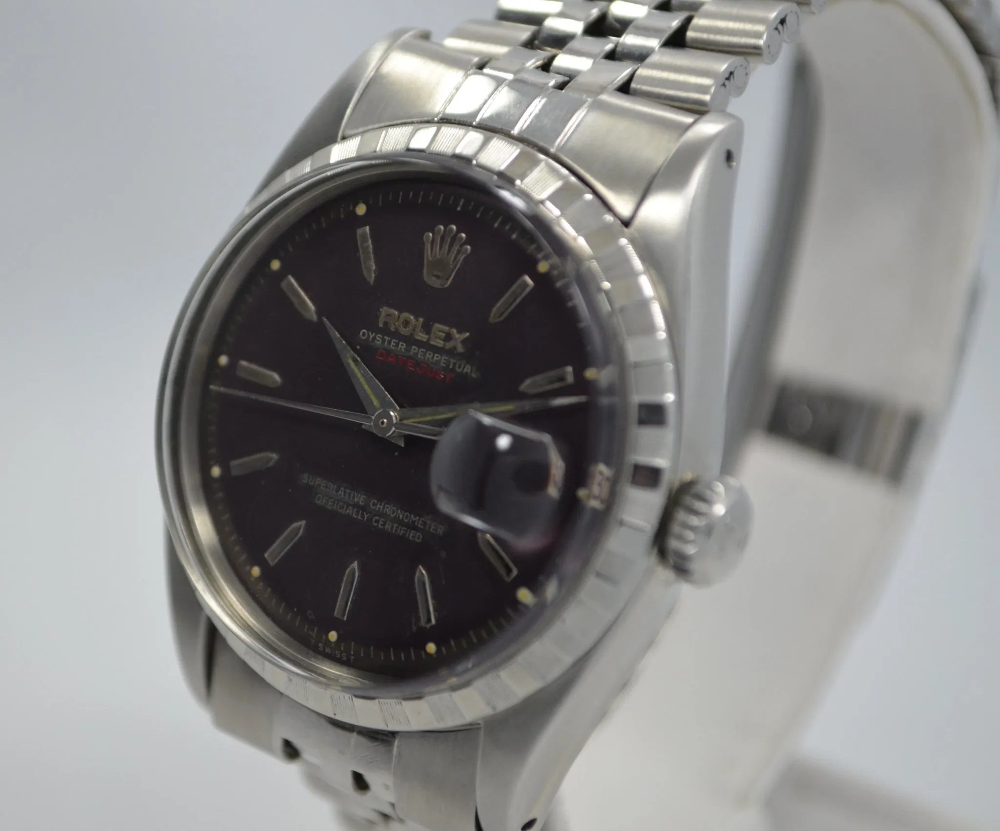 Vintage Rolex 6605 Red DateJust Steel Jubilee Checkerboard Bezel 1958 Wristwatch