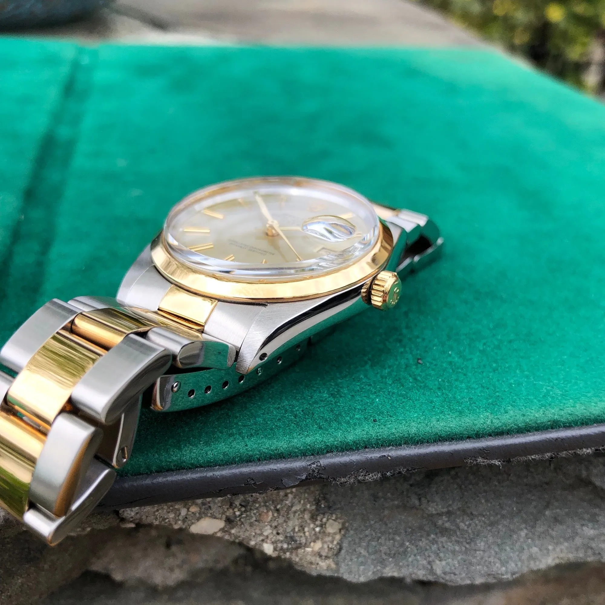 Vintage Rolex Date 15003 Two Tone Oyster Champagne Stick Automatic Wristwatch Circa 1987