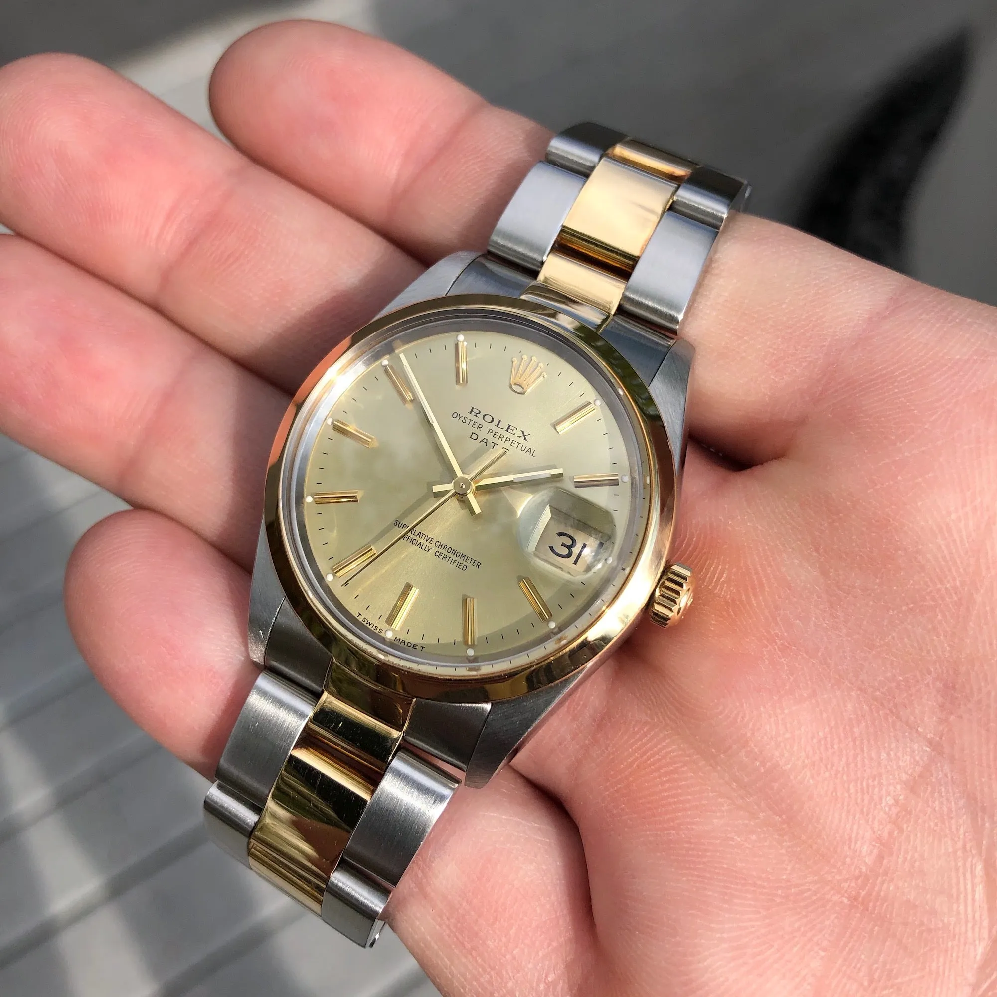 Vintage Rolex Date 15003 Two Tone Oyster Champagne Stick Automatic Wristwatch Circa 1987