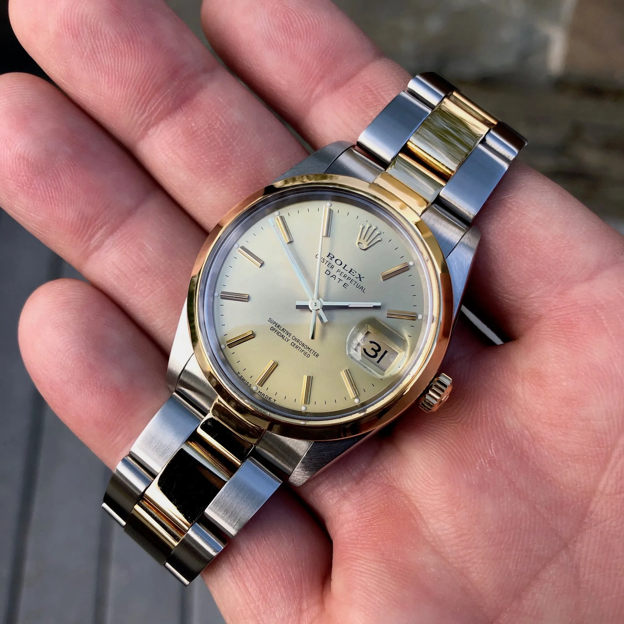 Vintage Rolex Date 15003 Two Tone Oyster Champagne Stick Automatic Wristwatch Circa 1987