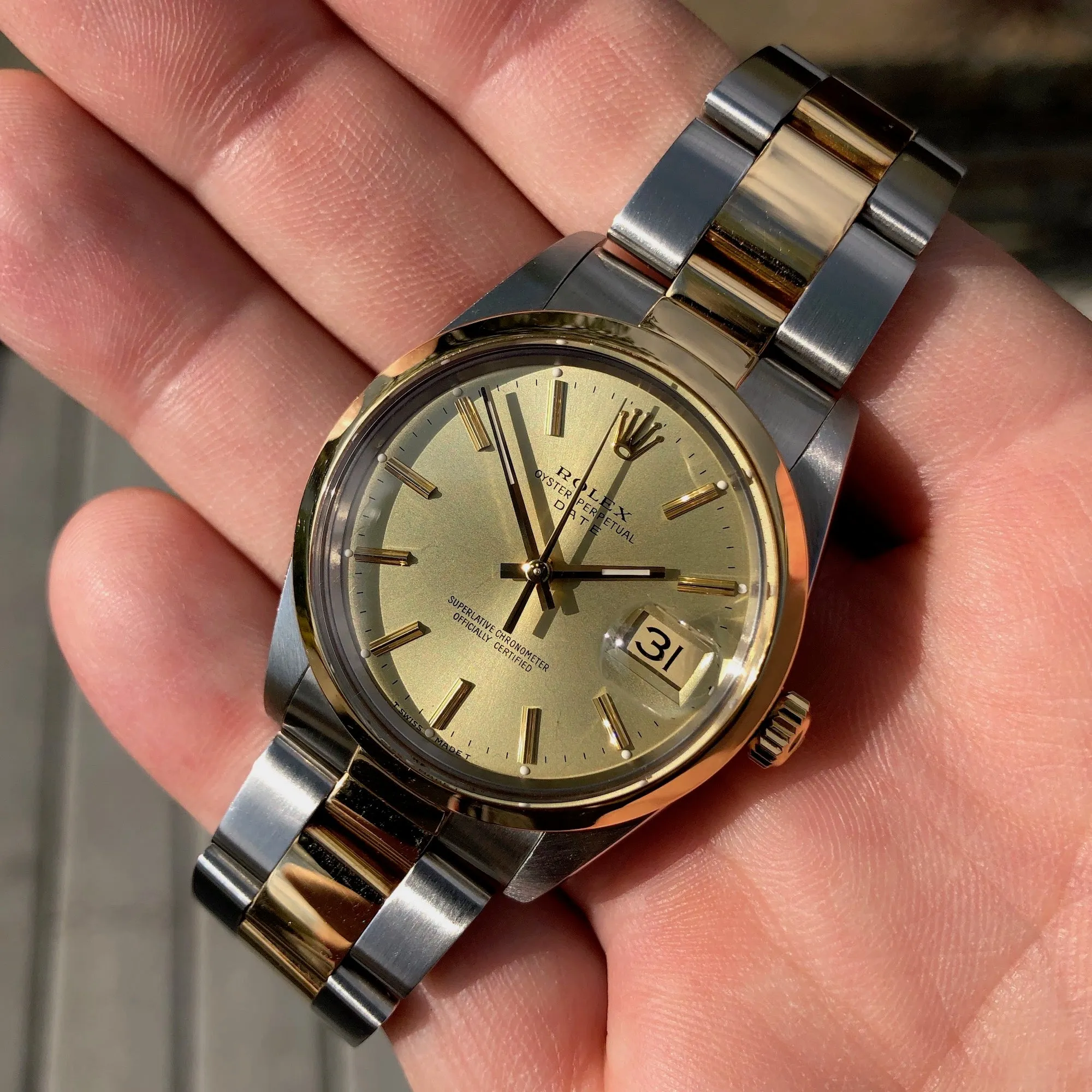 Vintage Rolex Date 15003 Two Tone Oyster Champagne Stick Automatic Wristwatch Circa 1987