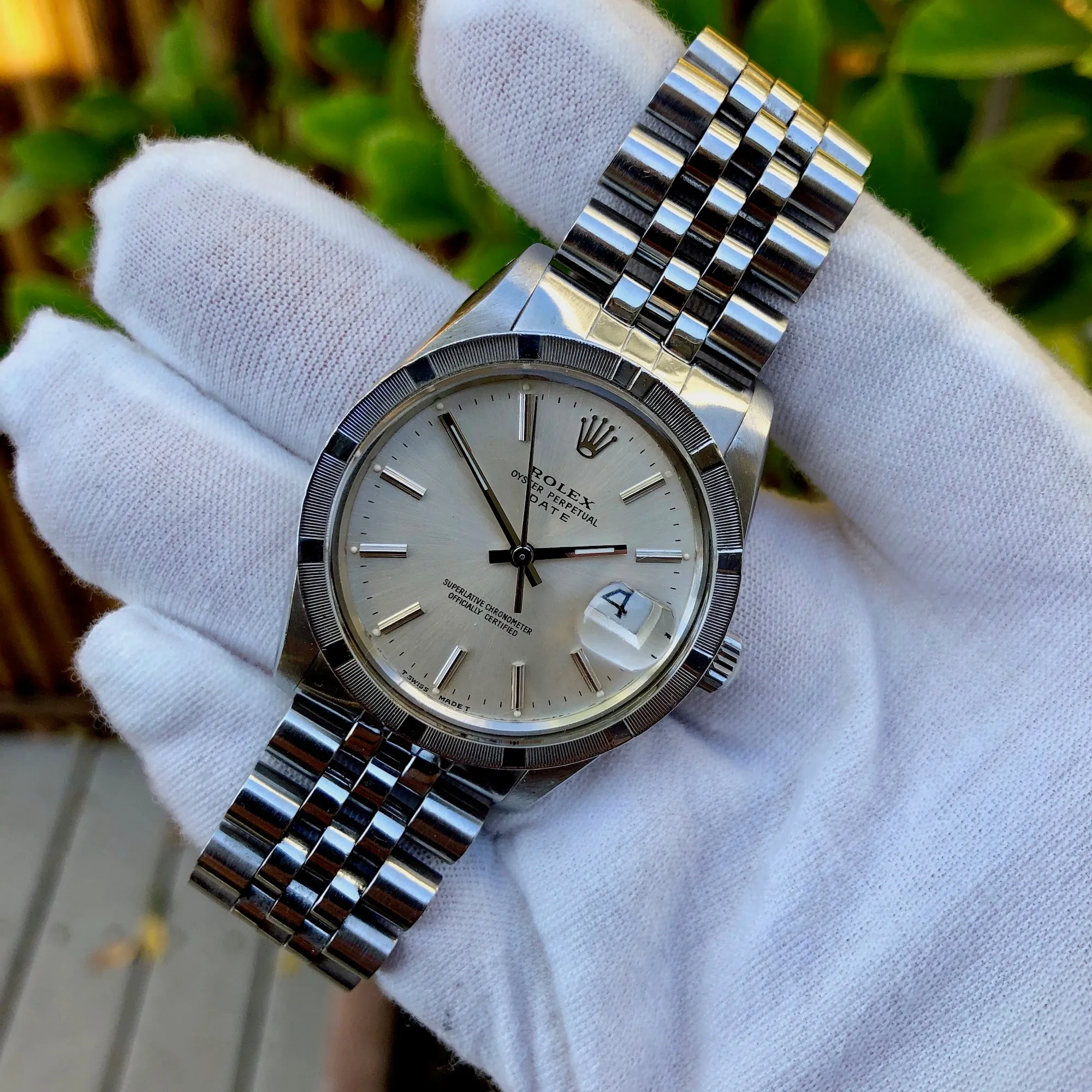 Vintage Rolex Date 15010 Steel Jubilee Cal. 3035 Engine Turn Wristwatch Circa 1985