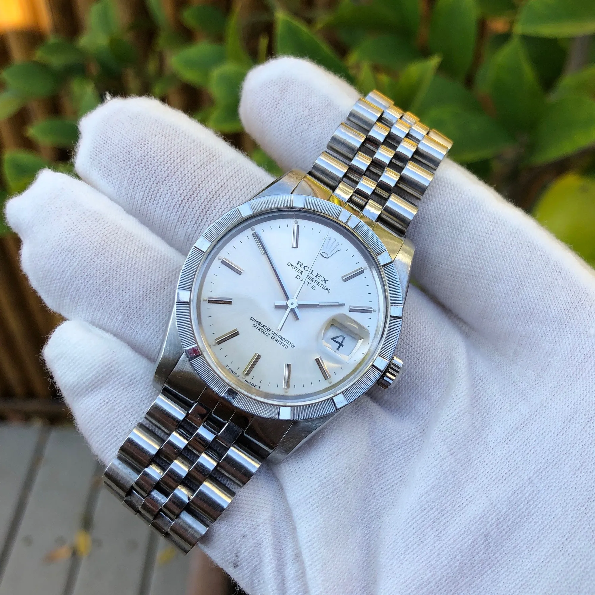 Vintage Rolex Date 15010 Steel Jubilee Cal. 3035 Engine Turn Wristwatch Circa 1985