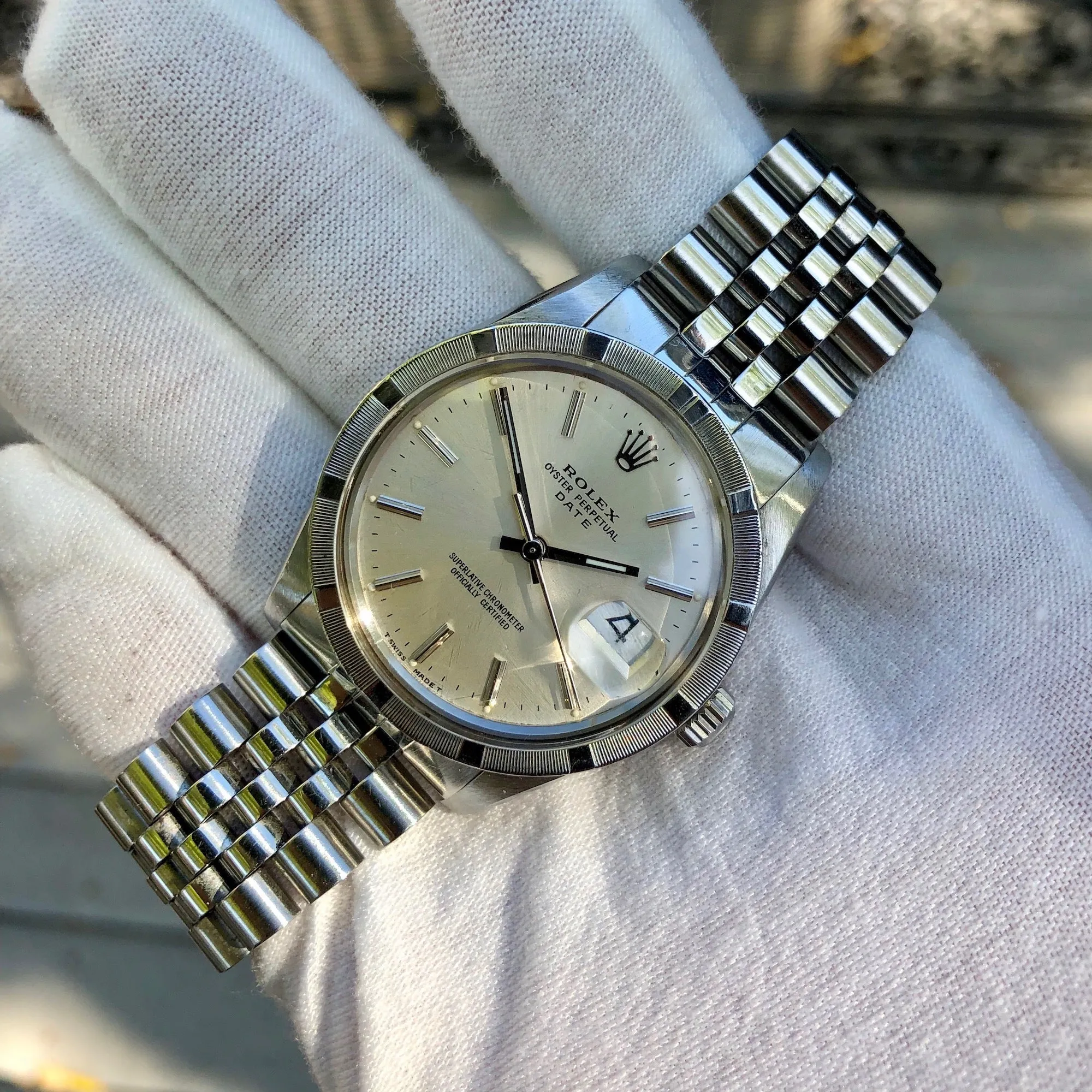 Vintage Rolex Date 15010 Steel Jubilee Cal. 3035 Engine Turn Wristwatch Circa 1985