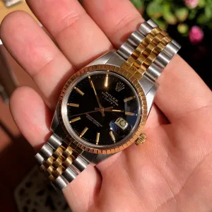 Vintage Rolex Date 15053 Two Tone Steel 18K Yellow Gold Black Jubilee Wristwatch Circa 1984