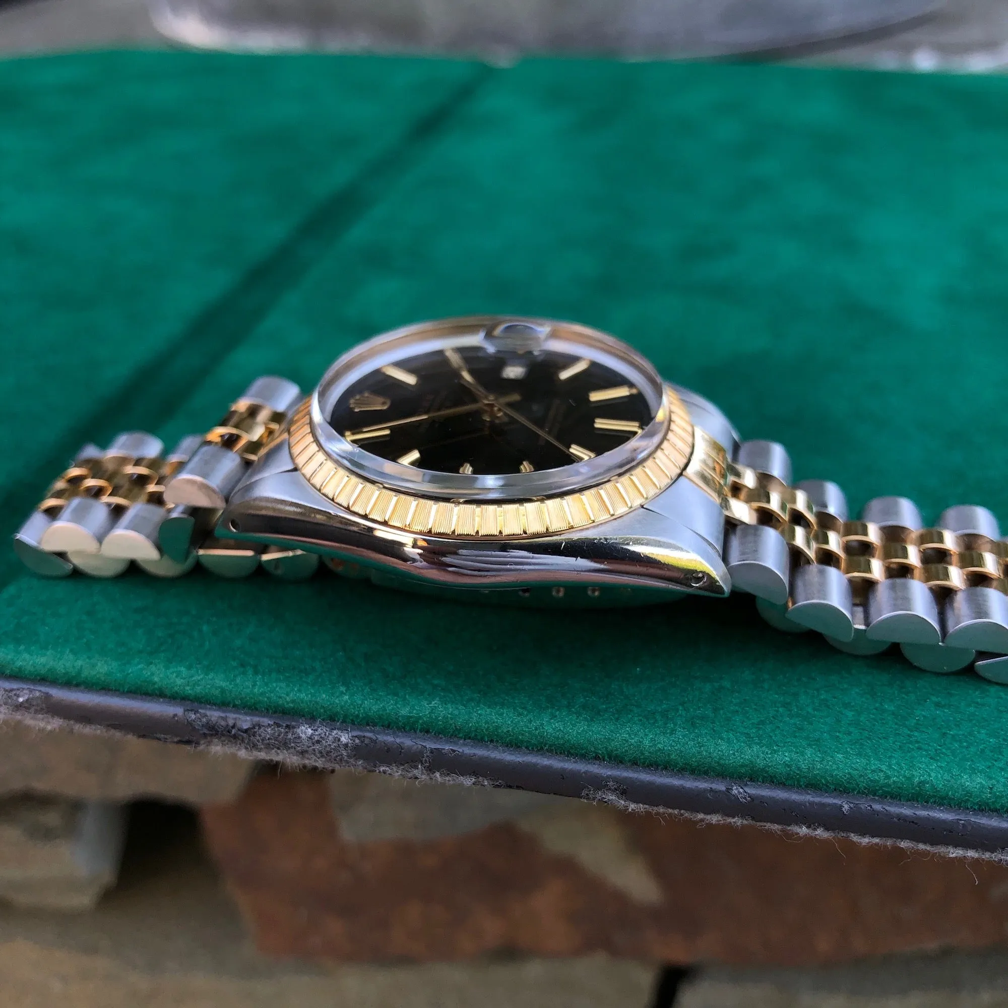 Vintage Rolex Date 15053 Two Tone Steel 18K Yellow Gold Black Jubilee Wristwatch Circa 1984