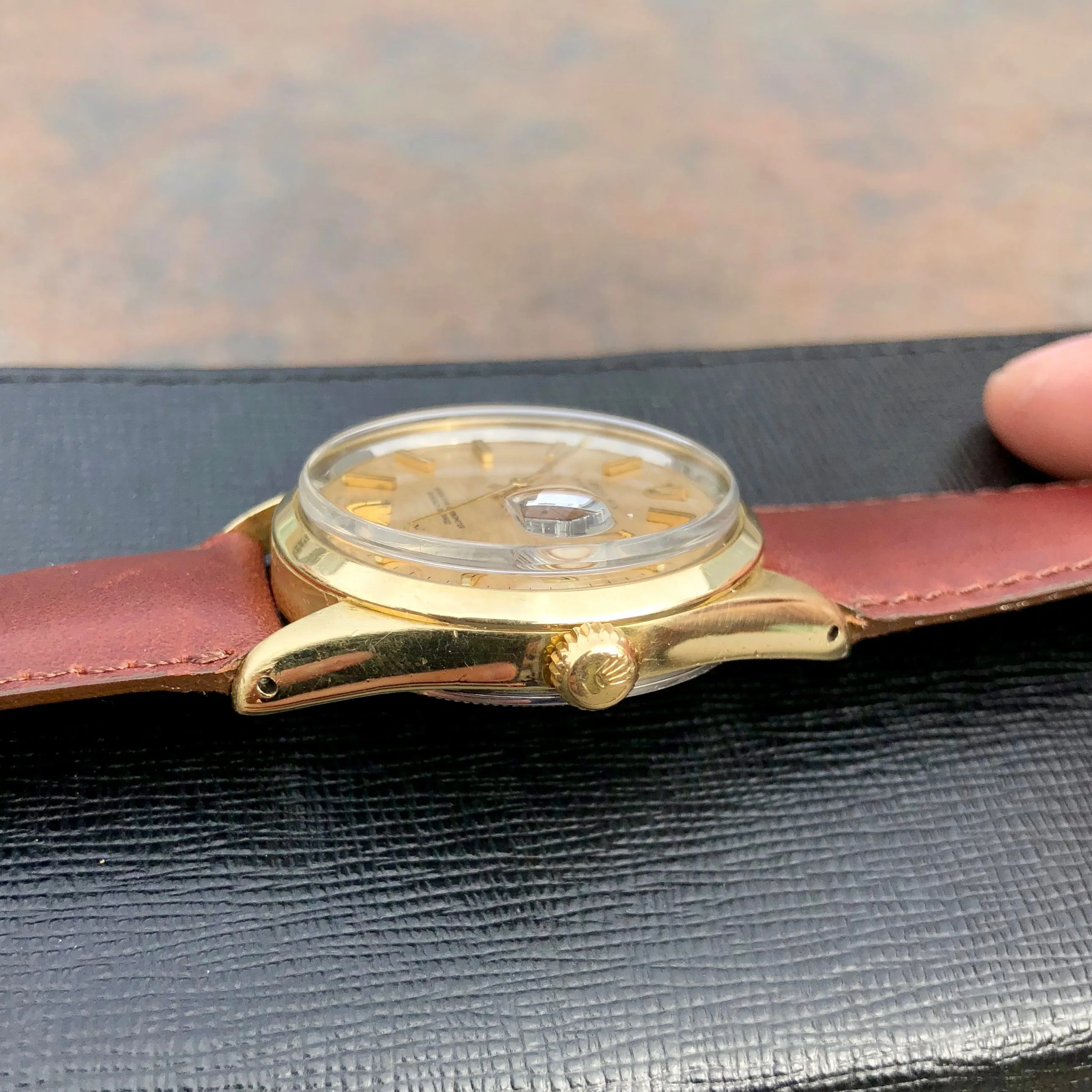 Vintage Rolex Date 1550 14K Gold Capped Steel Oyster Perpetual Cal 1570 Wristwatch Circa 1970