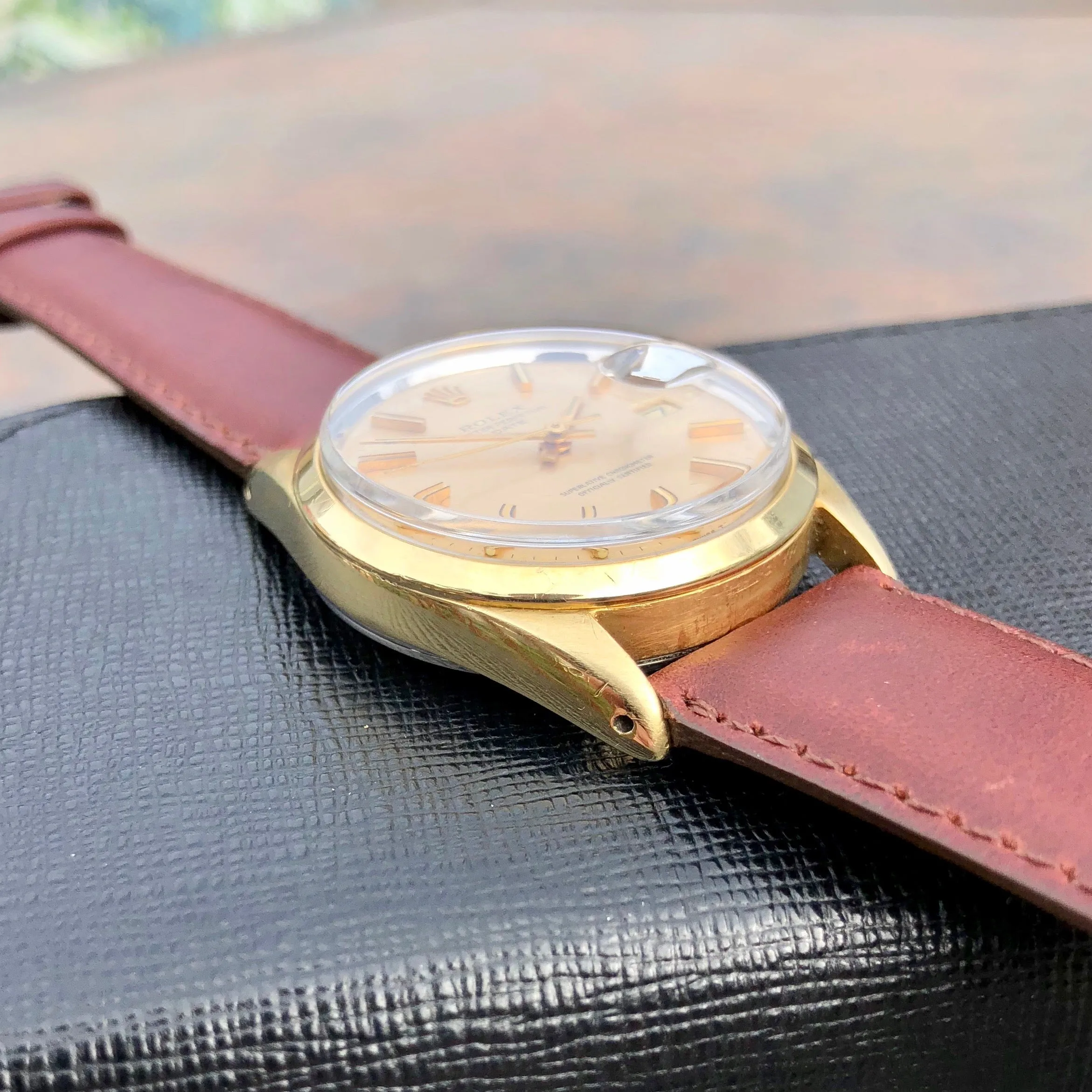 Vintage Rolex Date 1550 14K Gold Capped Steel Oyster Perpetual Cal 1570 Wristwatch Circa 1970