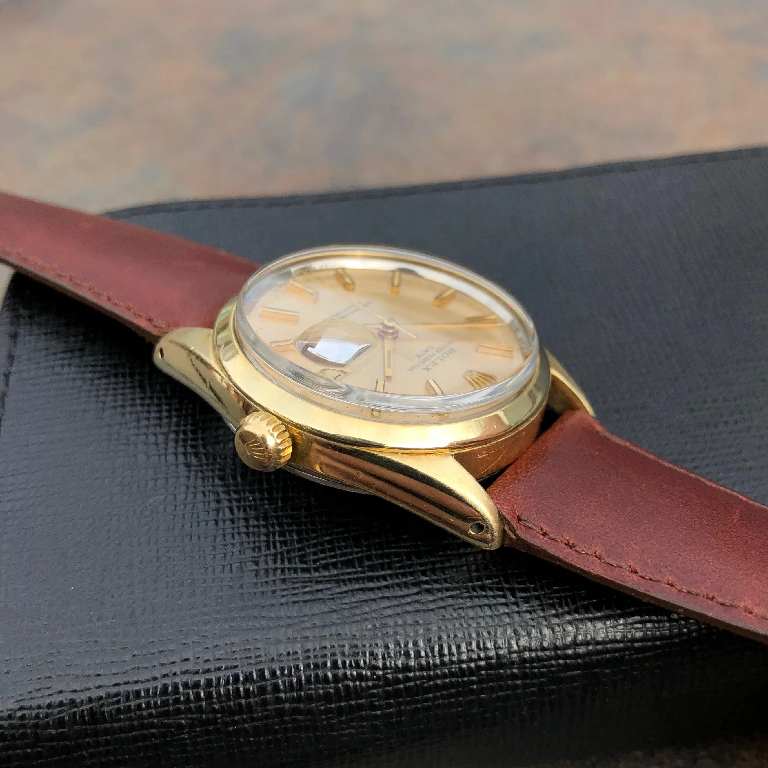 Vintage Rolex Date 1550 14K Gold Capped Steel Oyster Perpetual Cal 1570 Wristwatch Circa 1970