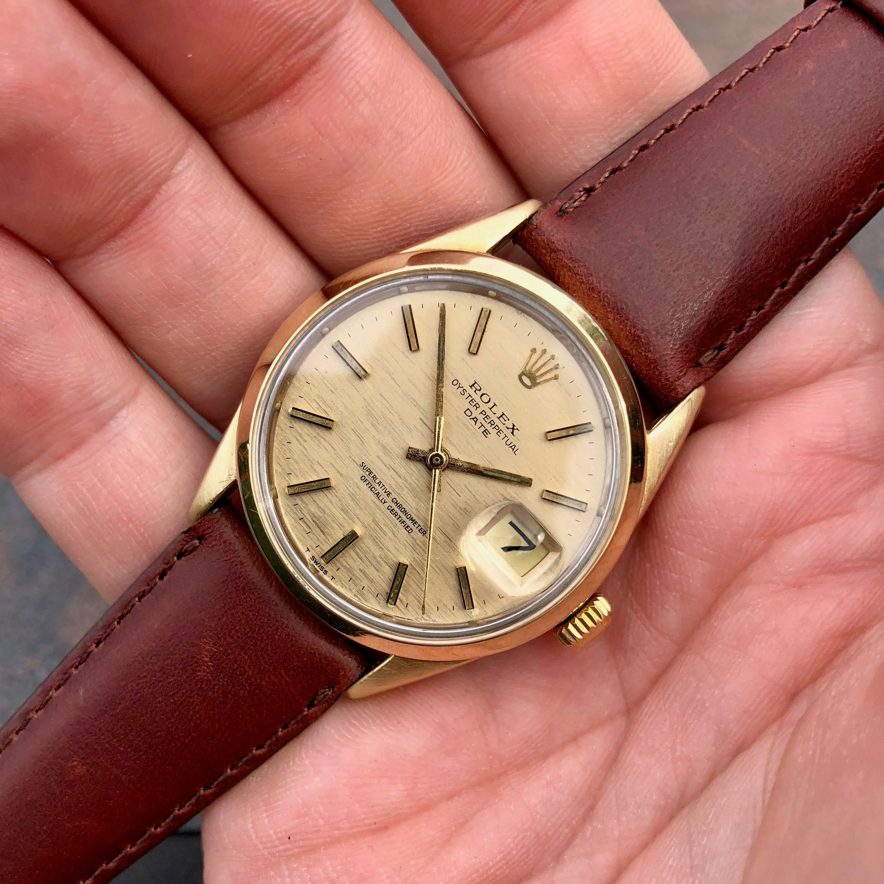 Vintage Rolex Date 1550 14K Gold Capped Steel Oyster Perpetual Cal 1570 Wristwatch Circa 1970
